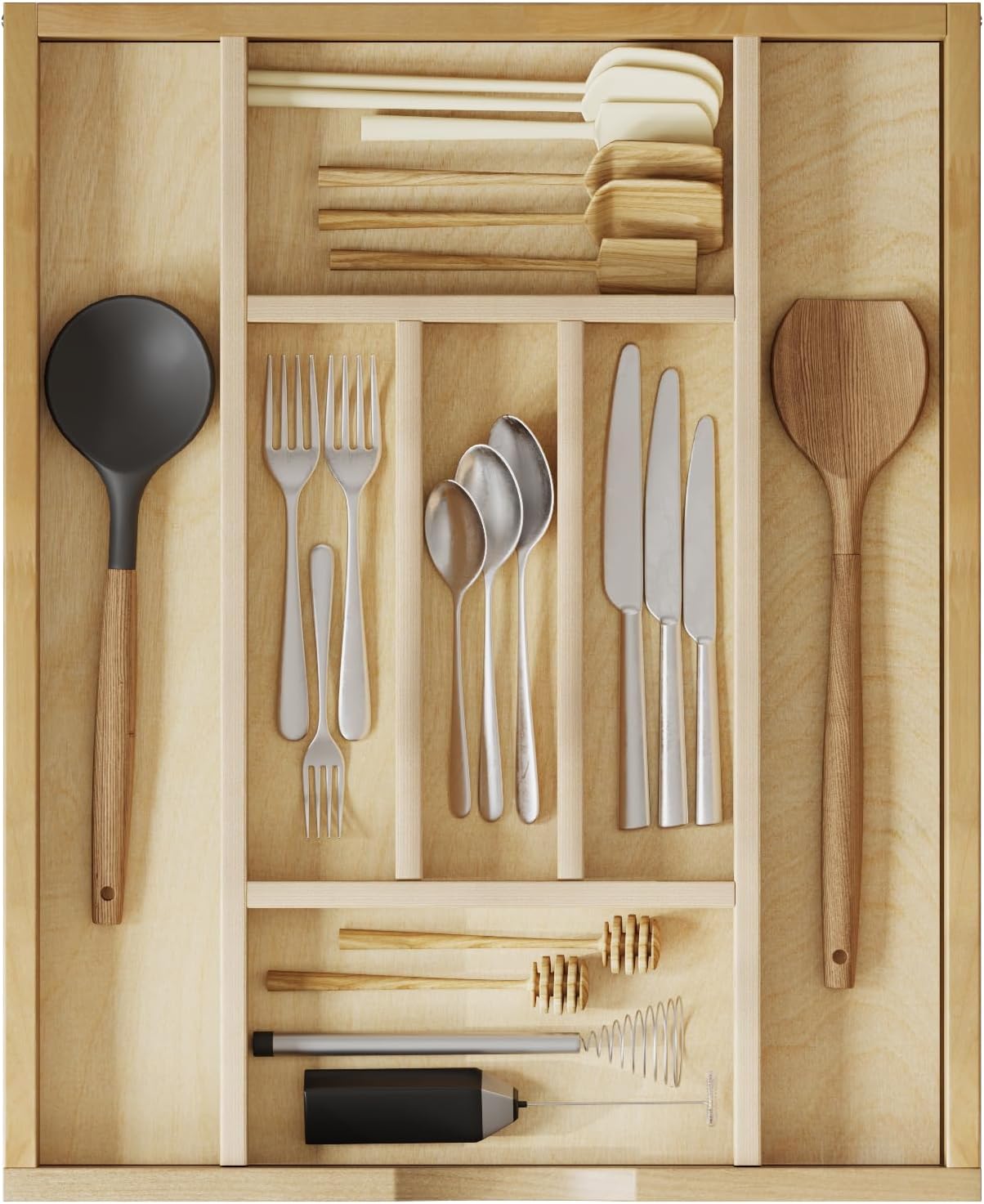 Organizador de cajones de cocina, organizador de utensilios para cajones de cocina, organizador de utensilios de cajón de madera, organizador de