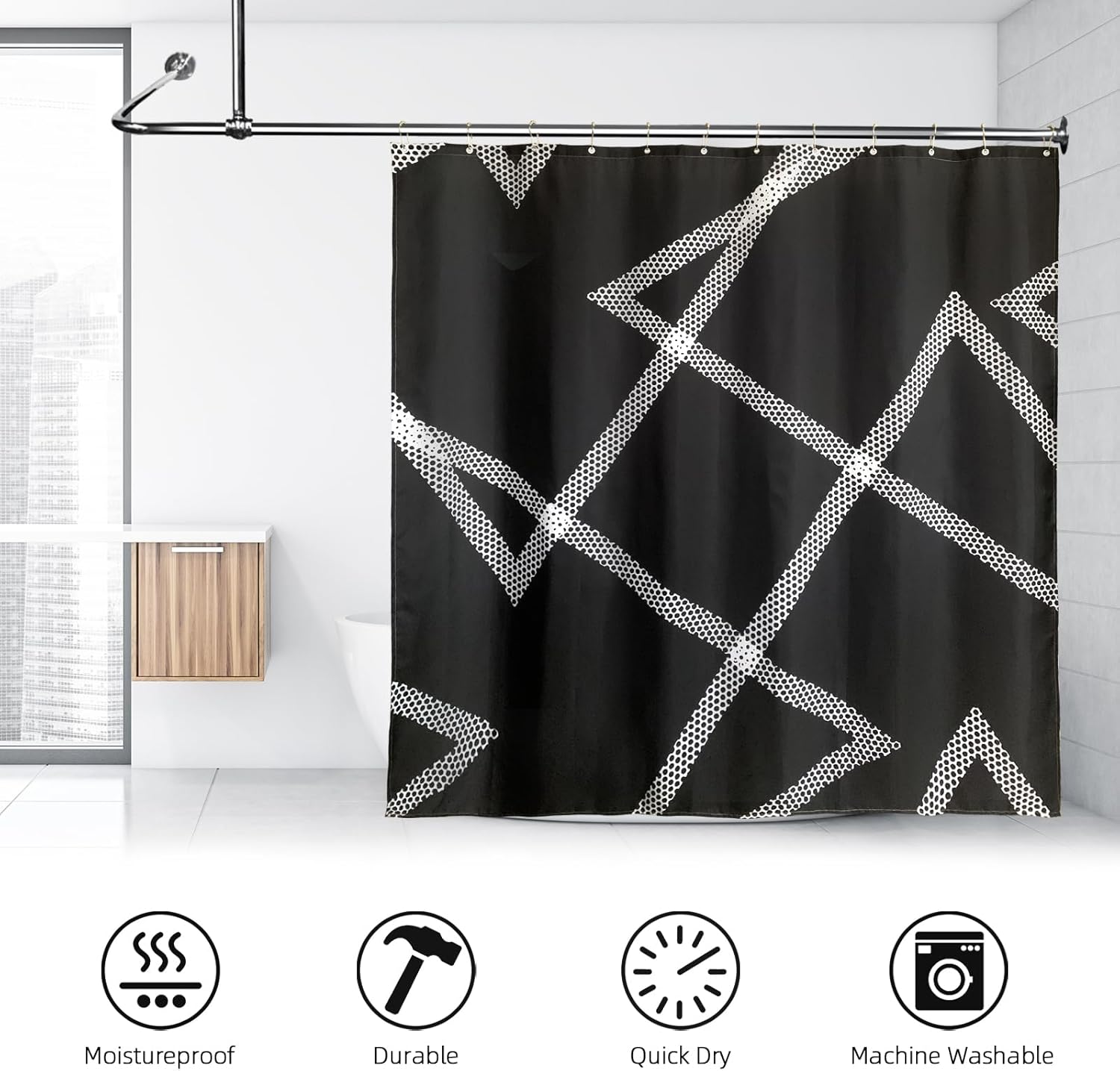 Tomoasfu Cortina de ducha para baño, tela impermeable, cortina de baño con dobladillo pesado y 12 ganchos de metal inoxidables líneas punteadas
