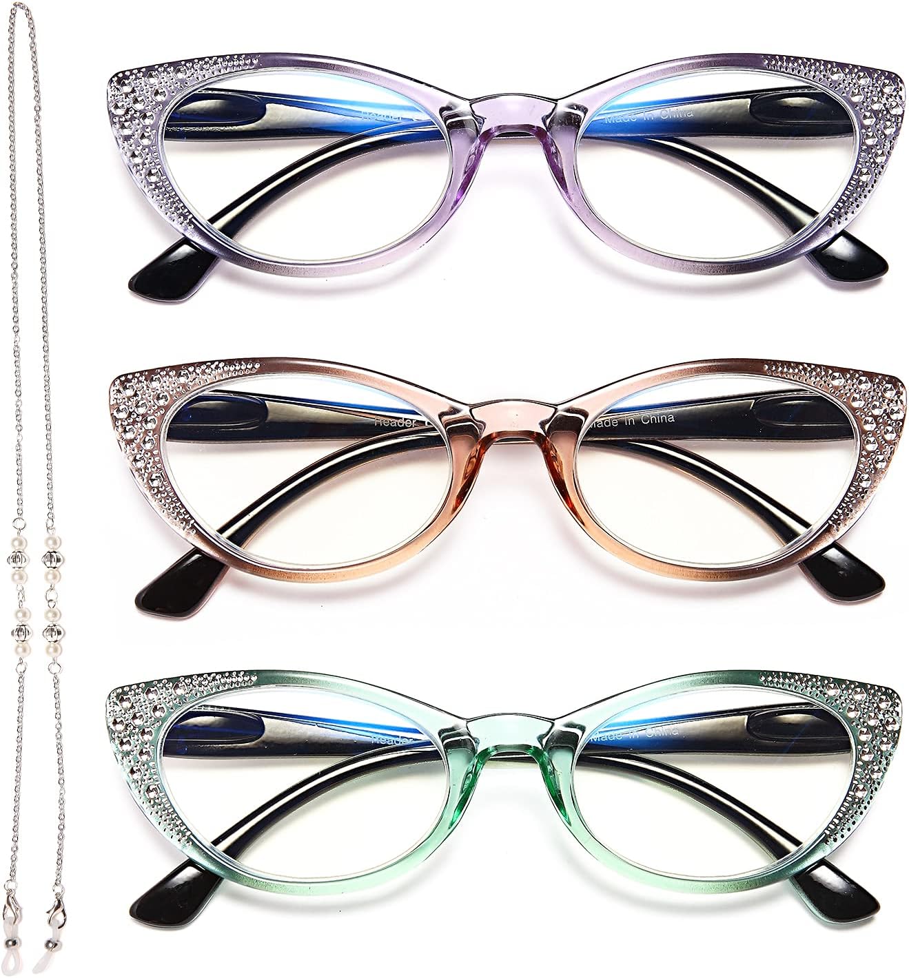 EYEURL Gafas de lectura de ojo de gato para mujer, bloqueo de luz azul, paquete de 3 lentes para lectura de computadora 2.0, bisagra de resorte anti