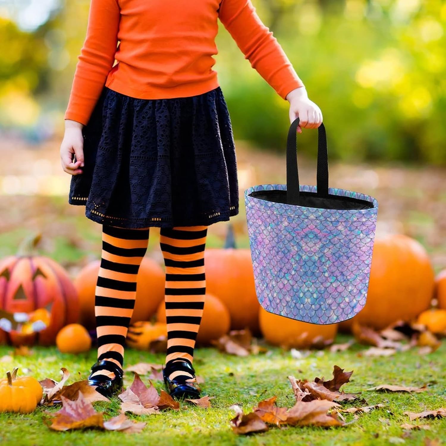 Cubo de cubo de Halloween con diseño de sirena arcoíris, bolsa de dulces para niños, decoraciones de Halloween