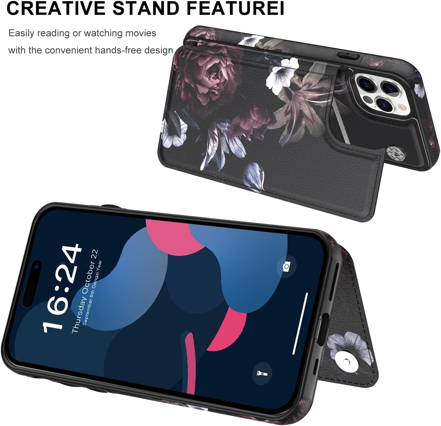 LETO Funda para iPhone 15 Pro con tapa tipo folio de cuero, diseños de flores de moda, ranuras para tarjetas, función atril, funda protectora para