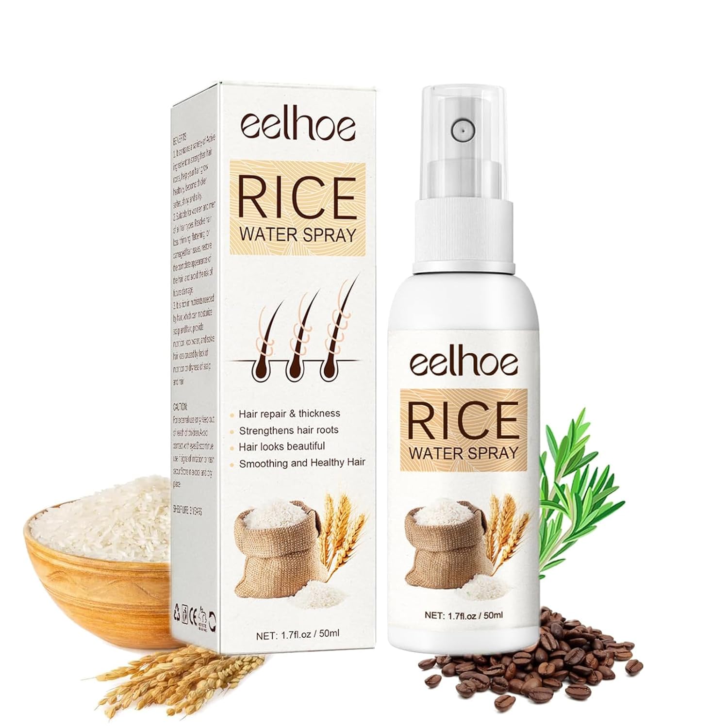 LIESE Agua de arroz para el crecimiento del cabello, suero para el crecimiento del cabello con aceite de romero para mujeres y hombres, spray de