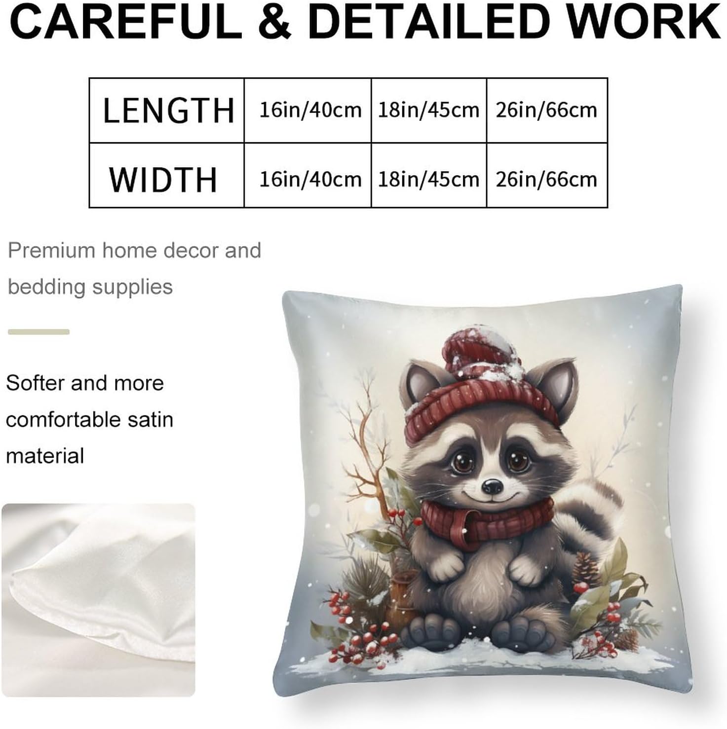 Fundas de almohada de satén con diseño de mapache de dibujos animados, Navidad, nieve, invierno, funda de almohada cuadrada de bosque natural con