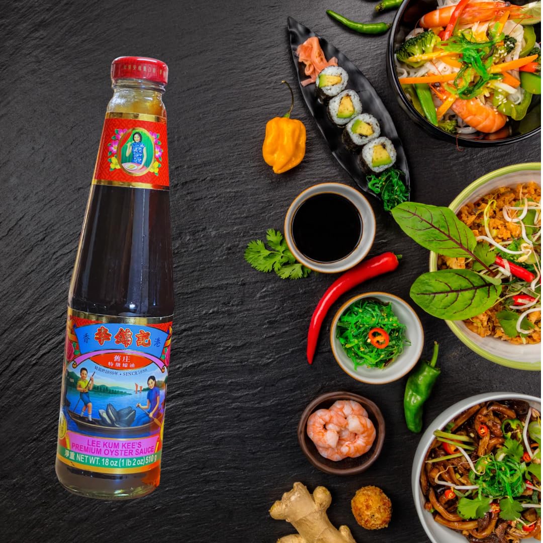 Lee Kum Kee – Salsa de ostras premium, botellas de vidrio de 18 onzas (paquete de 2)  Salsa asiática versátil  Incluye tapas dispensadoras para