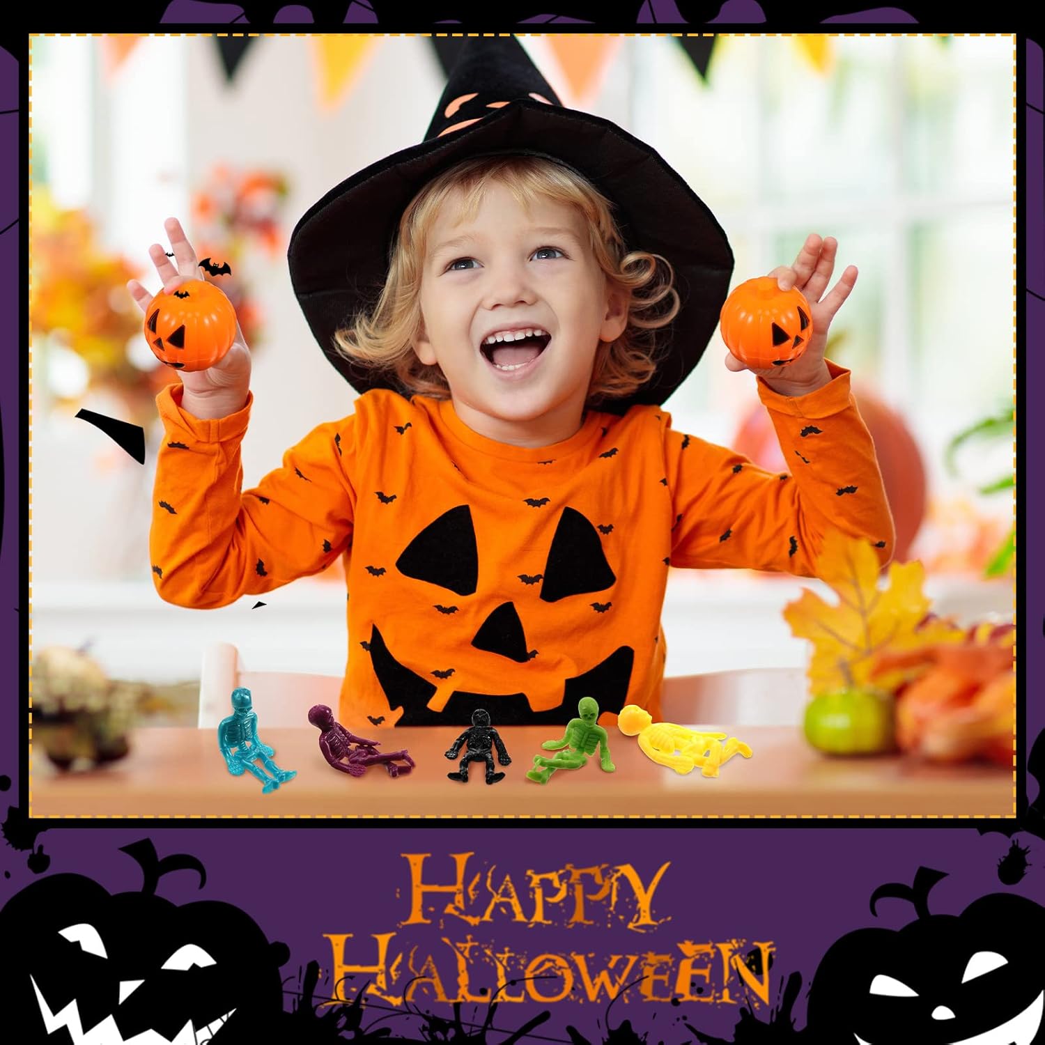 96 cajas de dulces de calabaza de Halloween con juguetes elásticos, contenedores de golosinas de calabaza, cajas de regalo de dulces de calabaza con