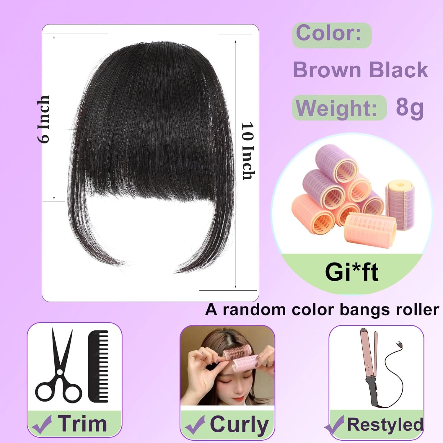 Flequillo de cabello humano real para mujer, cortina natural de imitación con flequillo, color marrón y negro