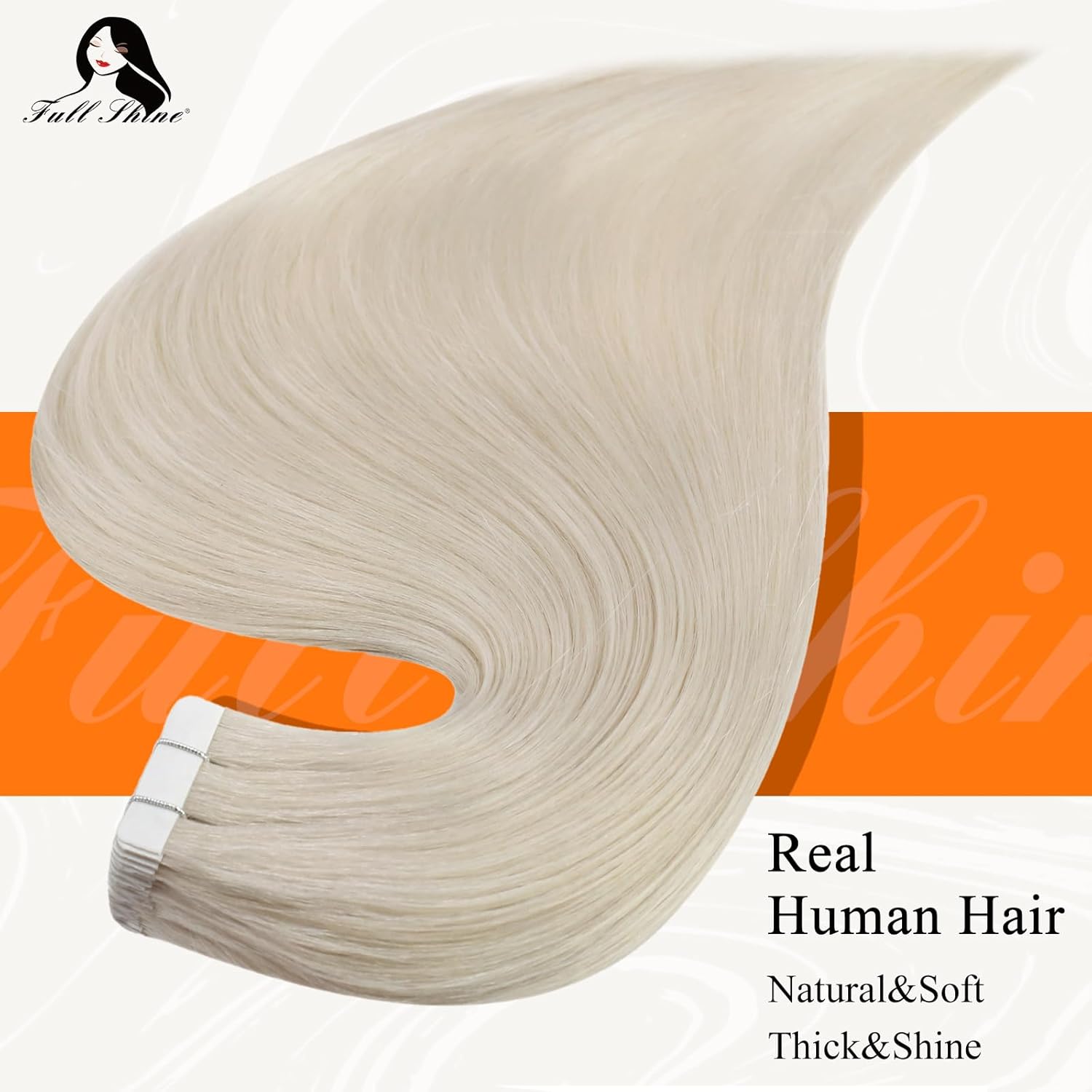 Full Shine – Extensiones adhesivas de cabello humano de 20 pulgadas, extensiones de cabello con cinta invisible, color 1000 rubio hielo, sin