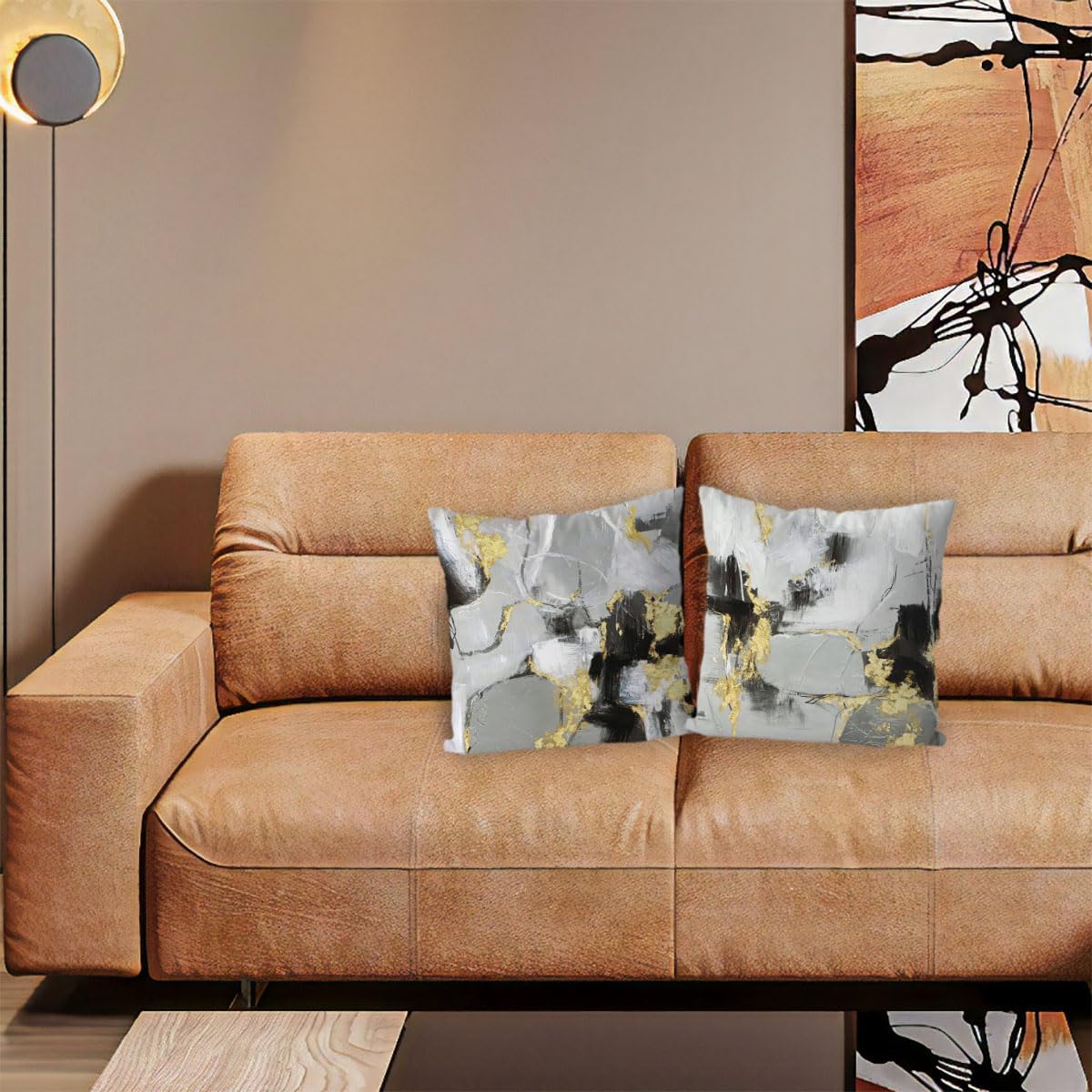 Juego de 2 fundas de almohada abstractas de mármol negro y dorado de 18 x 18 pulgadas, decoración de sala de estar negra y dorada, decoración de