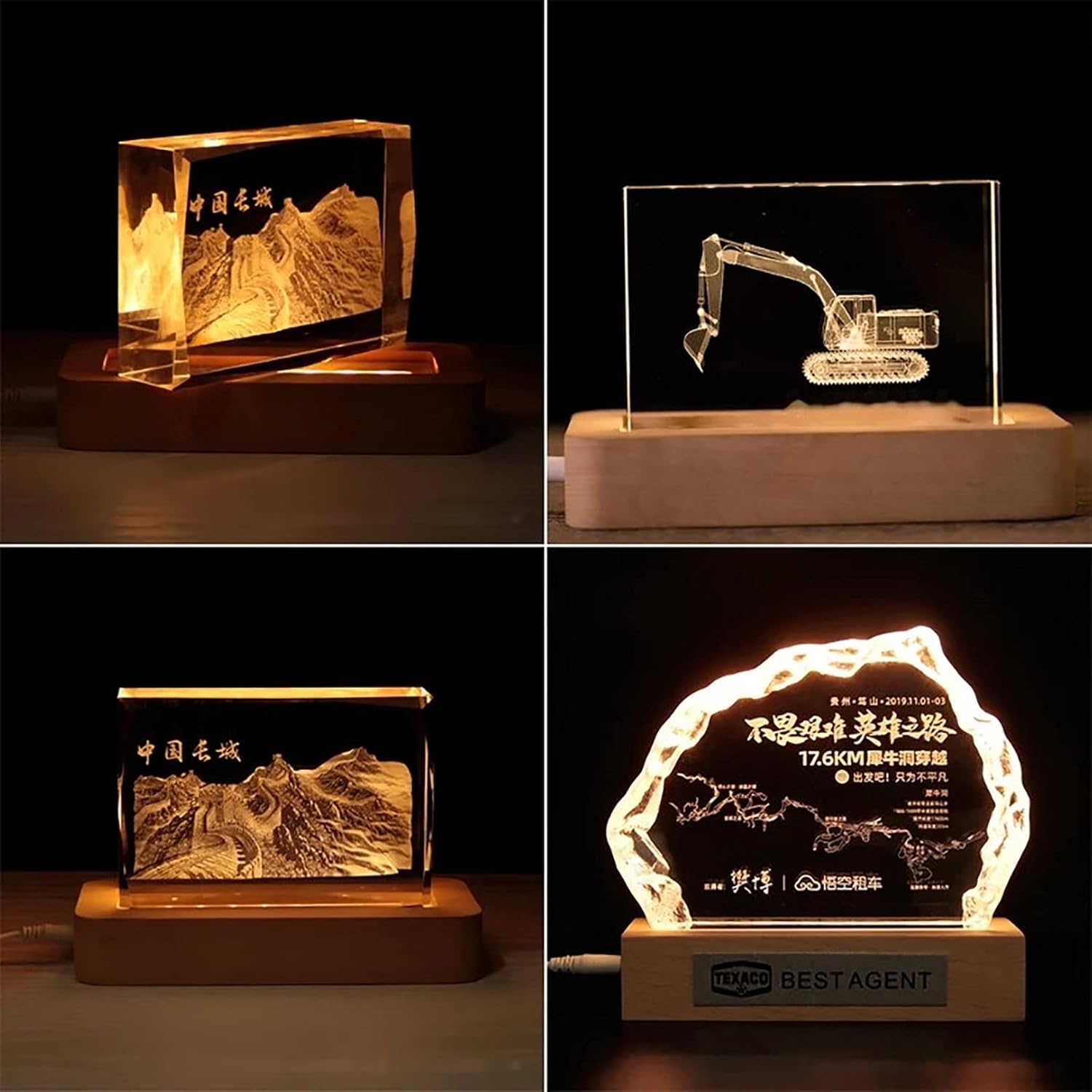 Base de exhibición de madera LED para arte de cristal de cristal, soporte de base de exhibición de cristal de luz colorida con 6 LED (color cálido,