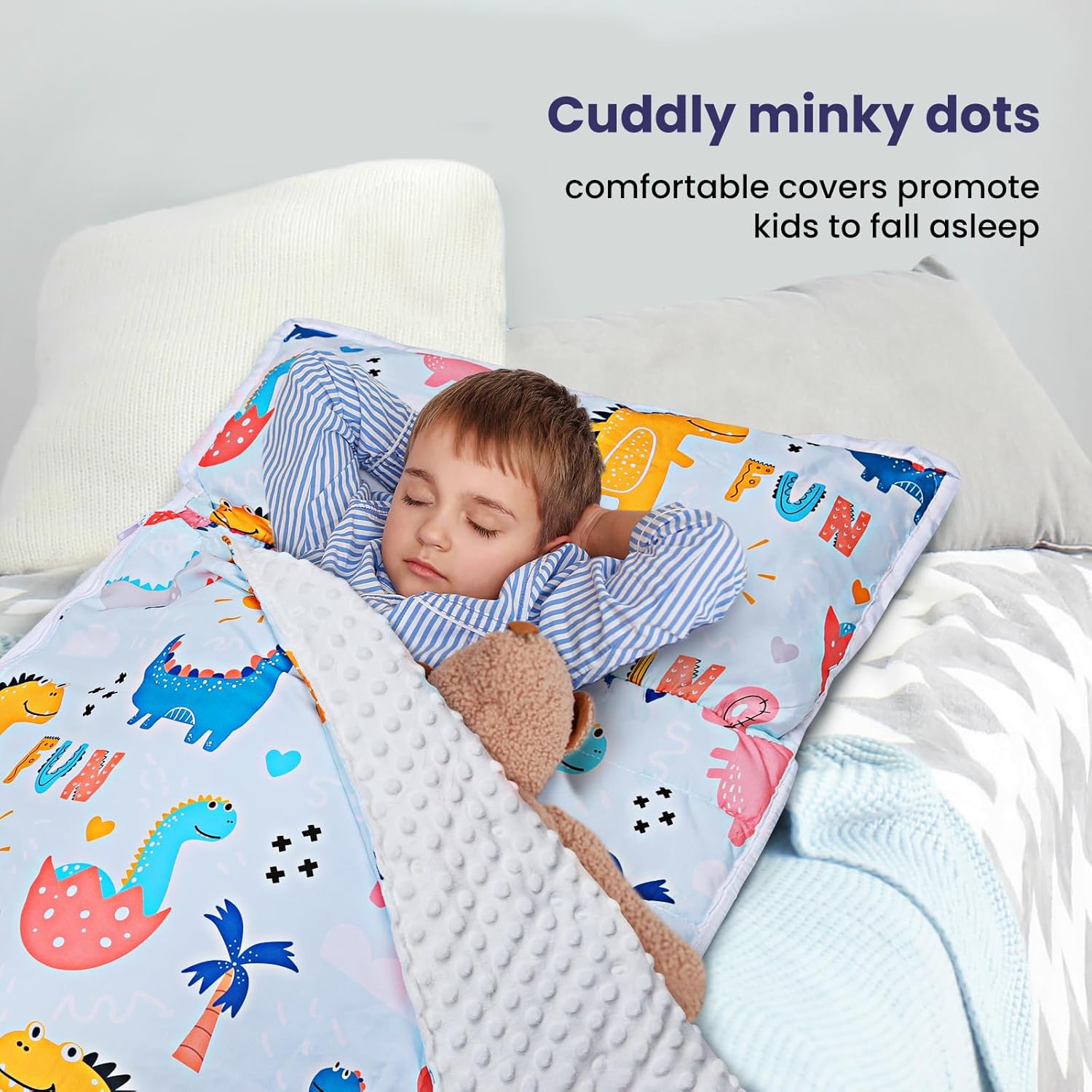 Saco de dormir para niños con almohada extraíble y manta, extra grueso, grande, 2 en 1, para niños y niñas, tapete para siesta para preescolar,