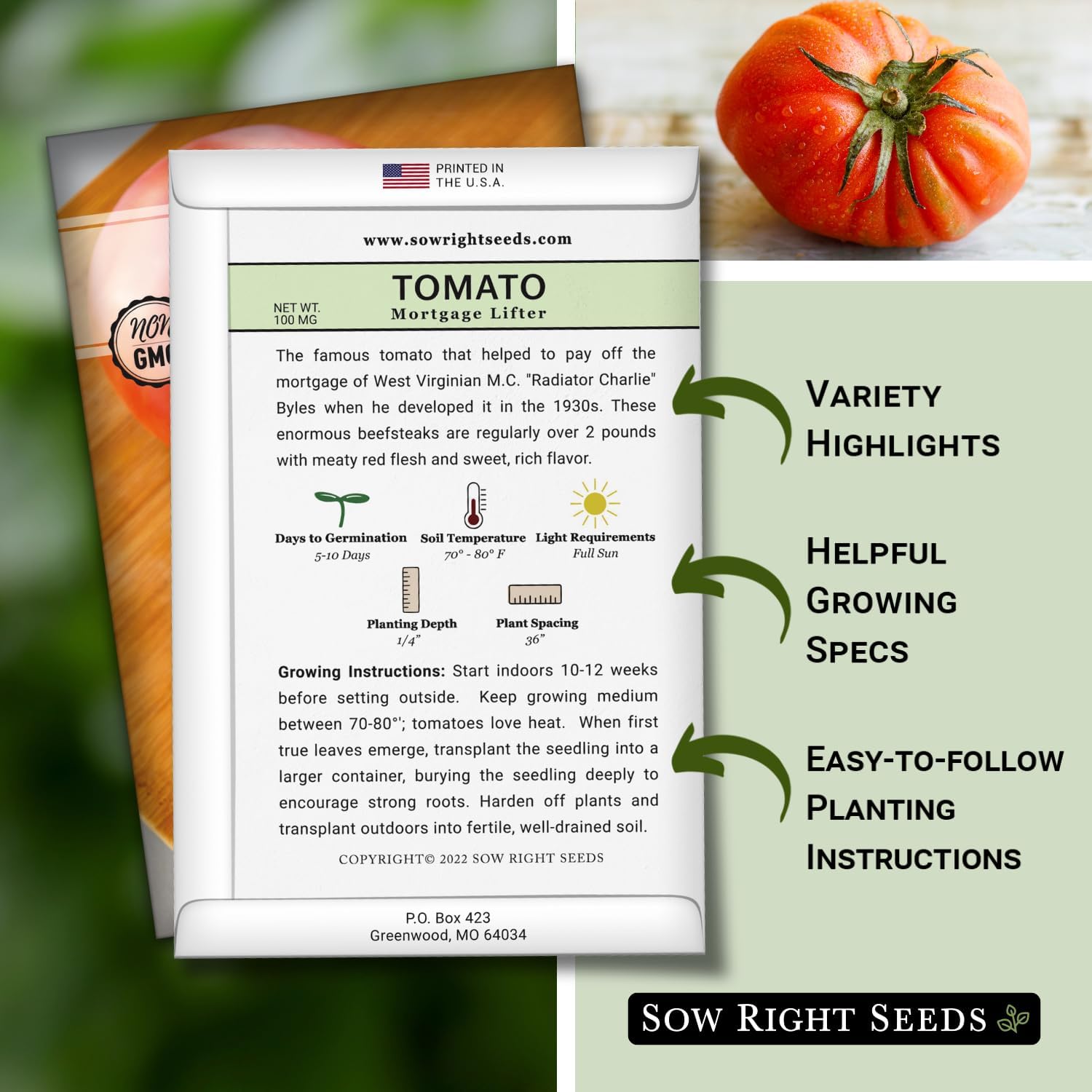 Sow Right Seeds – Semillas de tomate Mortgage Lifter para plantar – Frutas sabrosas carnosas de 1 a 2 libras – Heirloom sin OMG – Instrucciones para