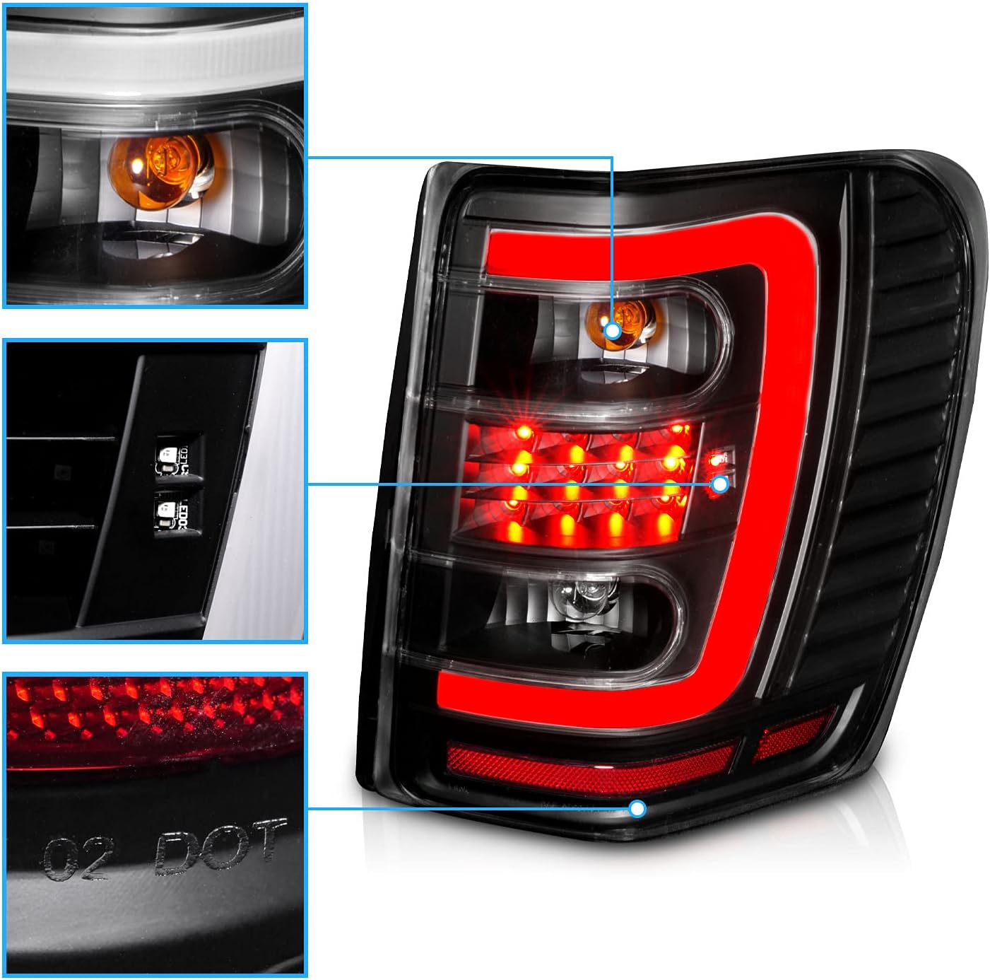 AmeriLite Juego de luces traseras de repuesto para Jeep Grand Cherokee tipo C 1999-2004, color negro, lado del pasajero y del conductor