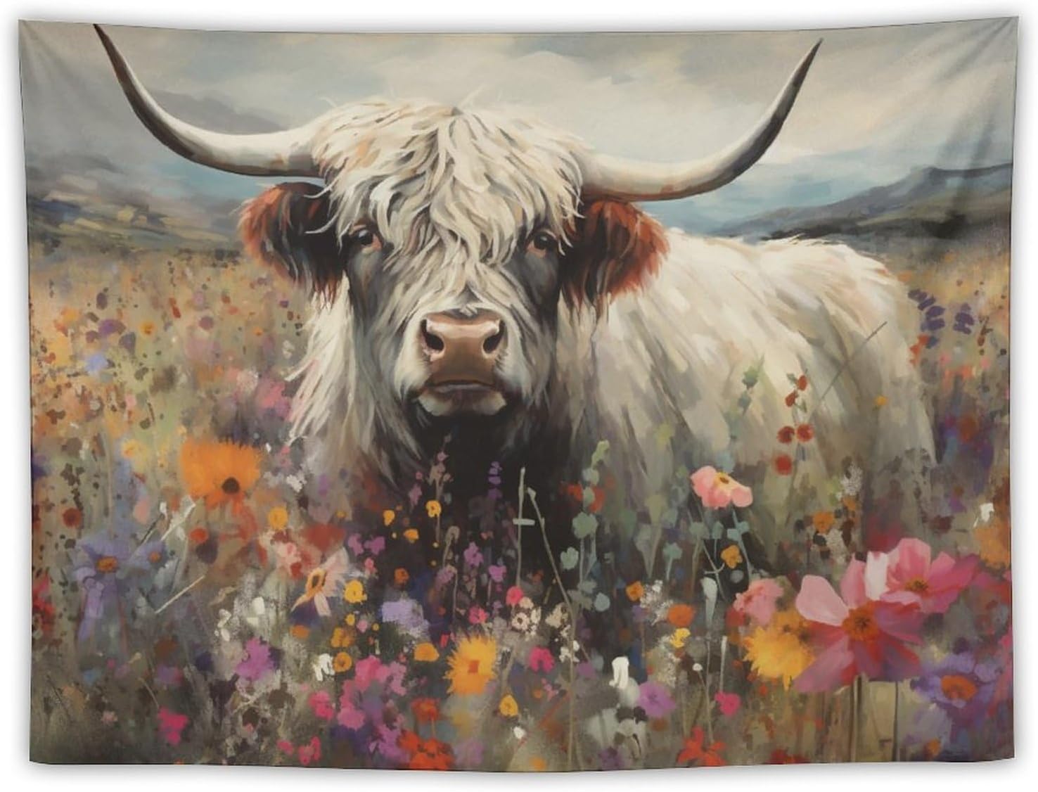 Tapiz para colgar en la pared, decoración de dormitorio, hogar, sala de estar, tapices de arte de pared, animales de las tierras altas, vaca, flor,