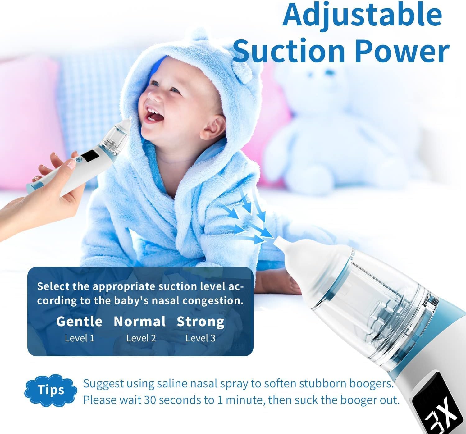 Aspirador nasal para bebé, aspirador nasal eléctrico para bebé, chupón de nariz recargable con 3 puntas de silicona, succión ajustable de 3 niveles,