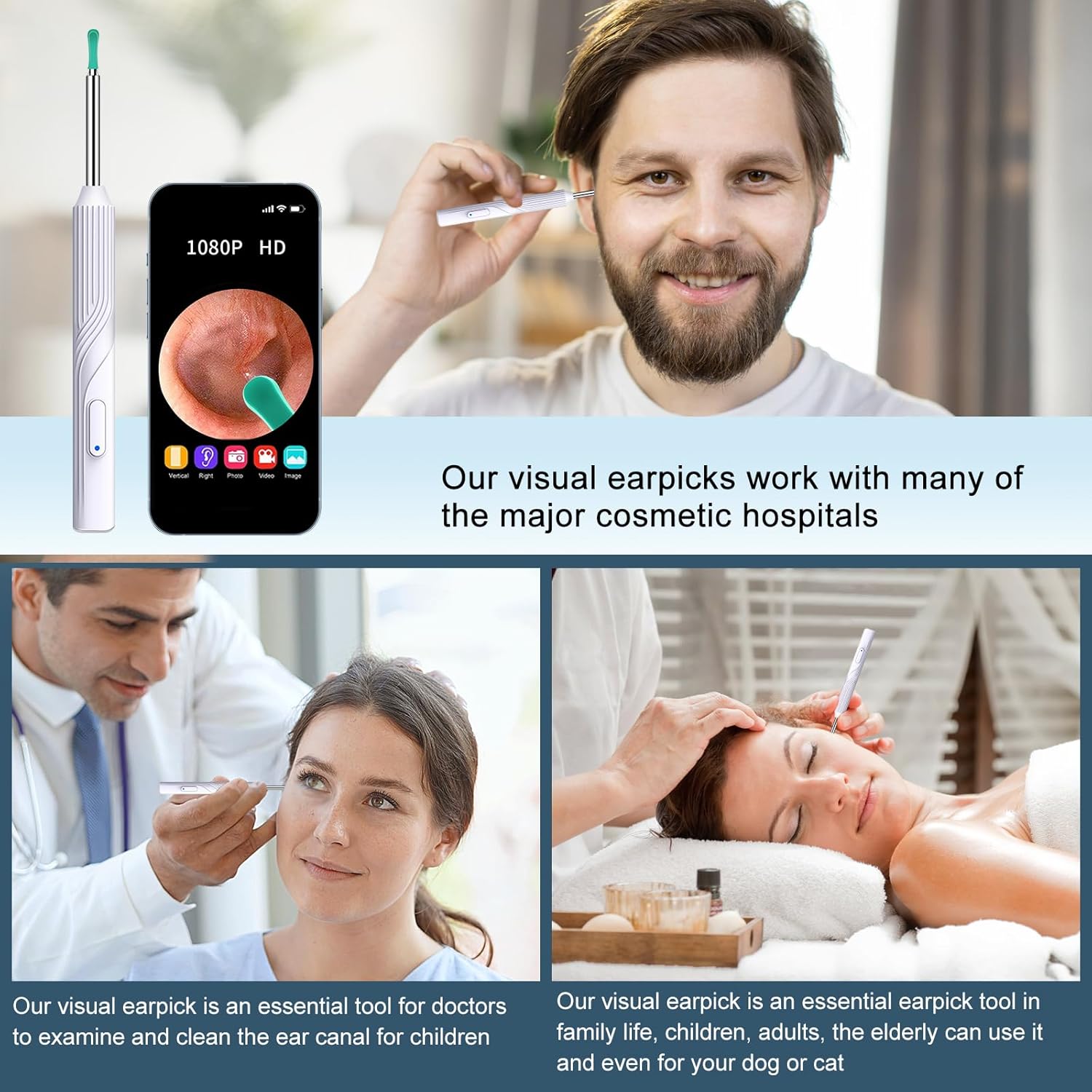 Pro Eliminación de cera de oído, limpiador de oídos con cámara de otoscopio HD 1080P y luz más 7 piezas para todos los teléfonos iPhone y Android