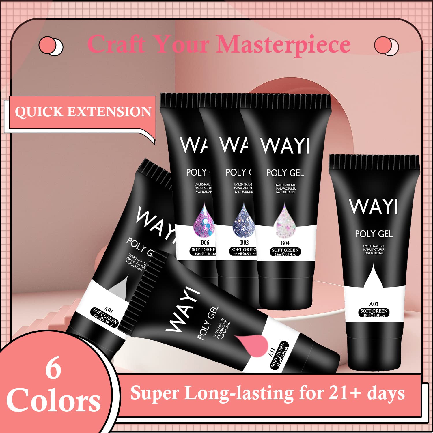 Kit de poligel, extensión acrílica de gel de extensión de poli gel, extensión de tubo de gel de uñas, decoración de uñas, engrosamiento para mujeres