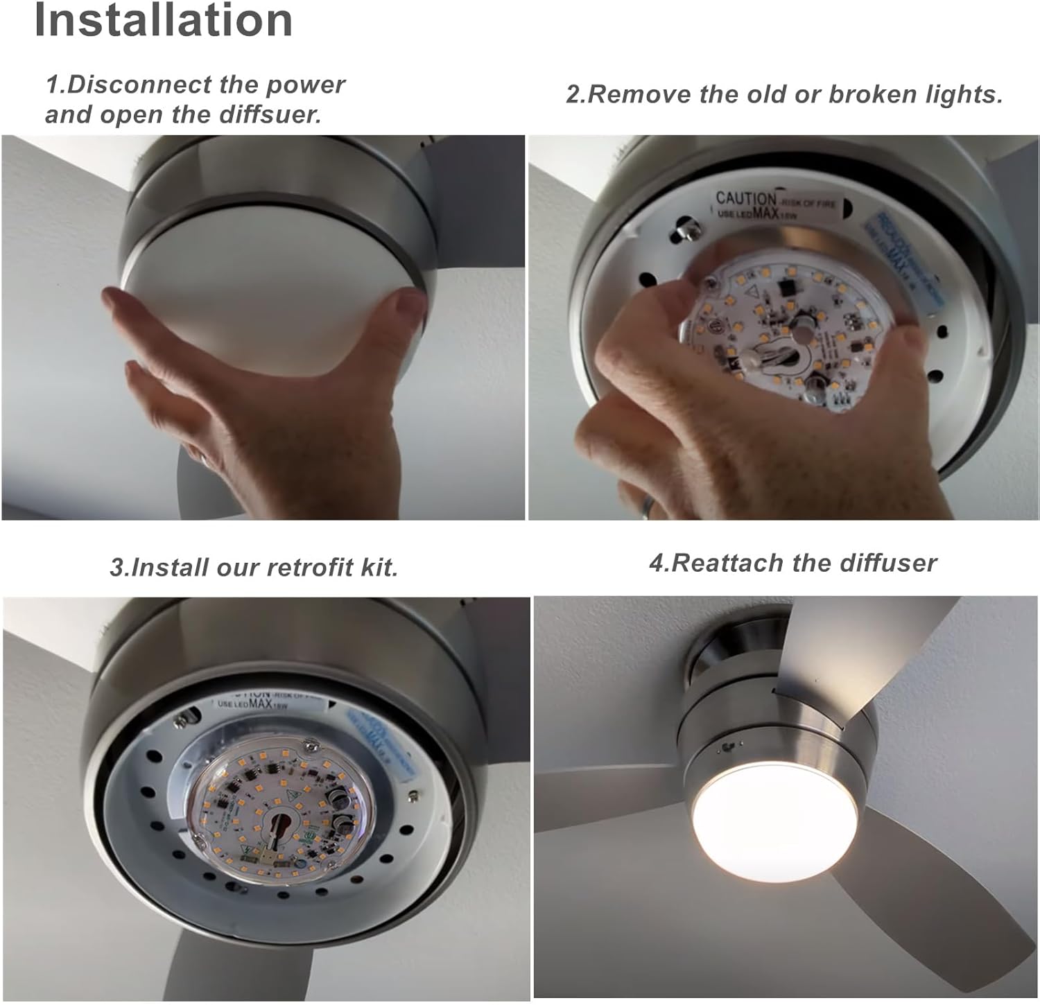 Ventilador de techo LED de 4 pulgadas, repuesto de luz LED, 120 V, 18 W, 1800 LM, 90Ra, kit de luz LED para ventilador de techo, luz blanca cálida