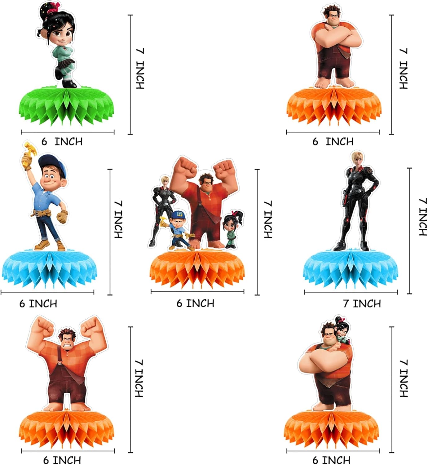 Wreck it Ralph – Decoraciones de fiesta, 7 piezas de centros de mesa con temática de panal de abeja Wreck it Ralph, decoraciones de mesa lateral