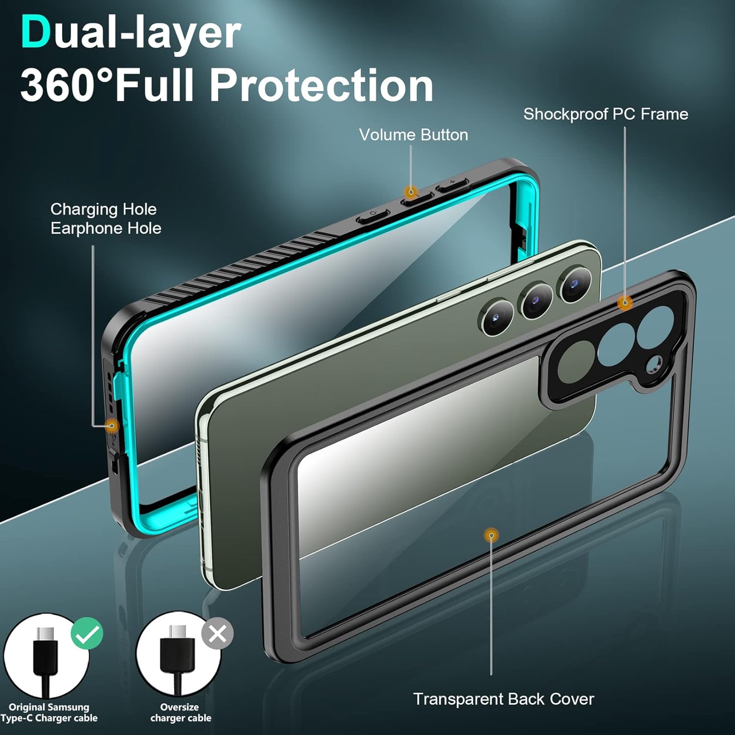 SPIDERCASE Funda diseñada para Galaxy S23 Plus, protector de pantalla integrado impermeable 12 pies a prueba de golpes militares IP68 impermeable de