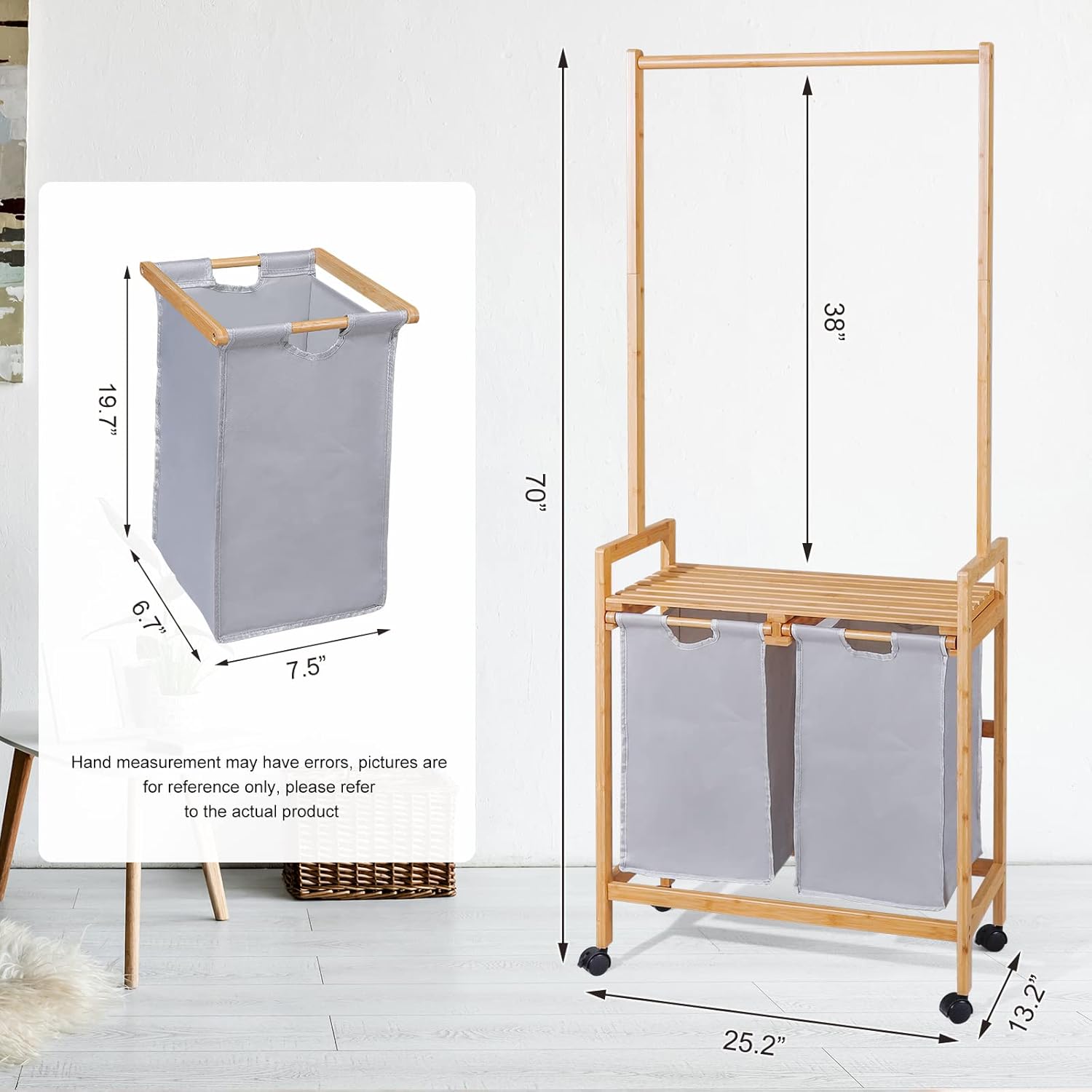 Homde Cesta de lavandería, carrito clasificador de ropa de bambú con barra para colgar ropa, cesta de lavandería de 2 secciones con ruedas, bolsas