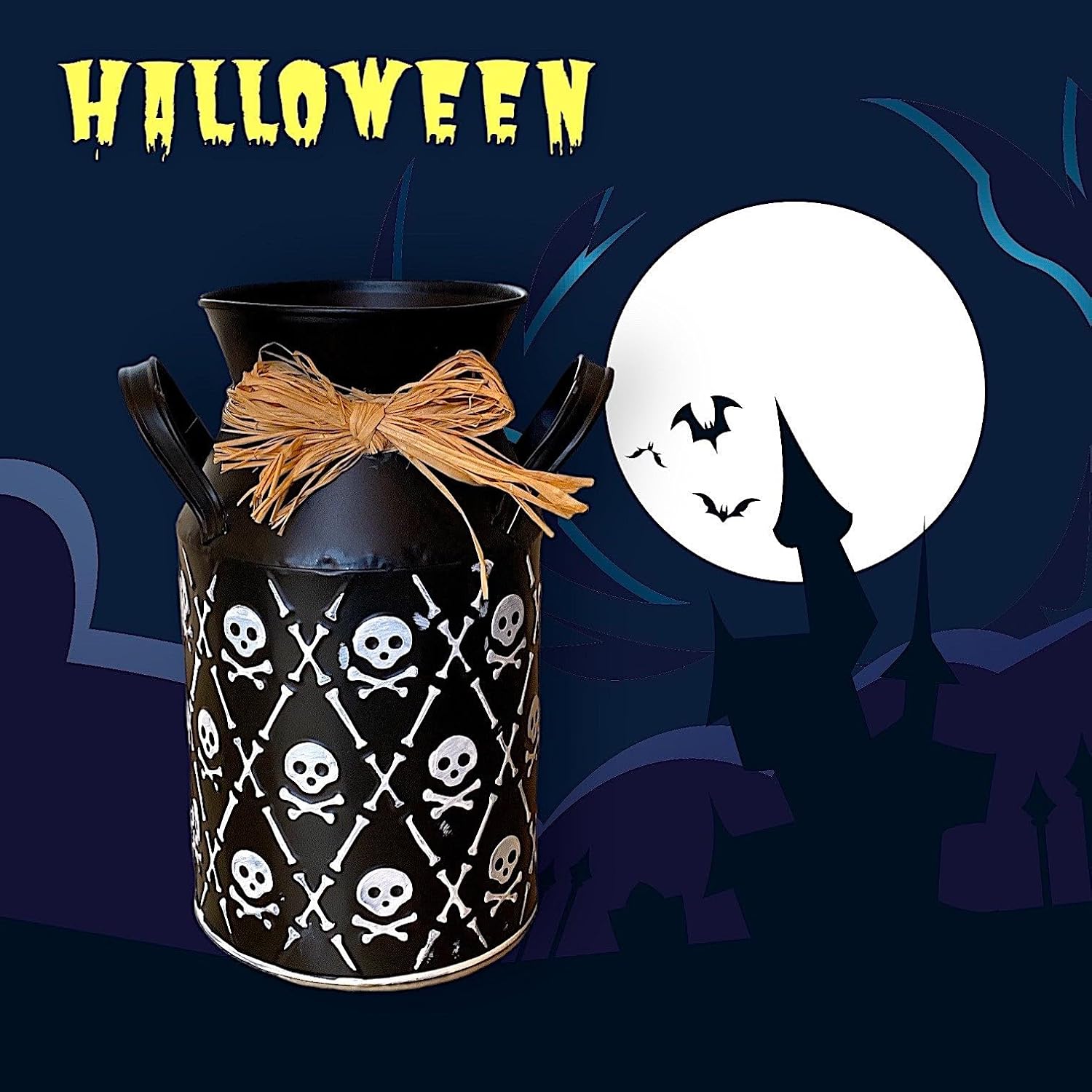 Jarrón de metal para Halloween, decoración rústica, estante de mesa, chimenea, blanco y negro con calaveras y huesos (9.75 pulgadas de alto)