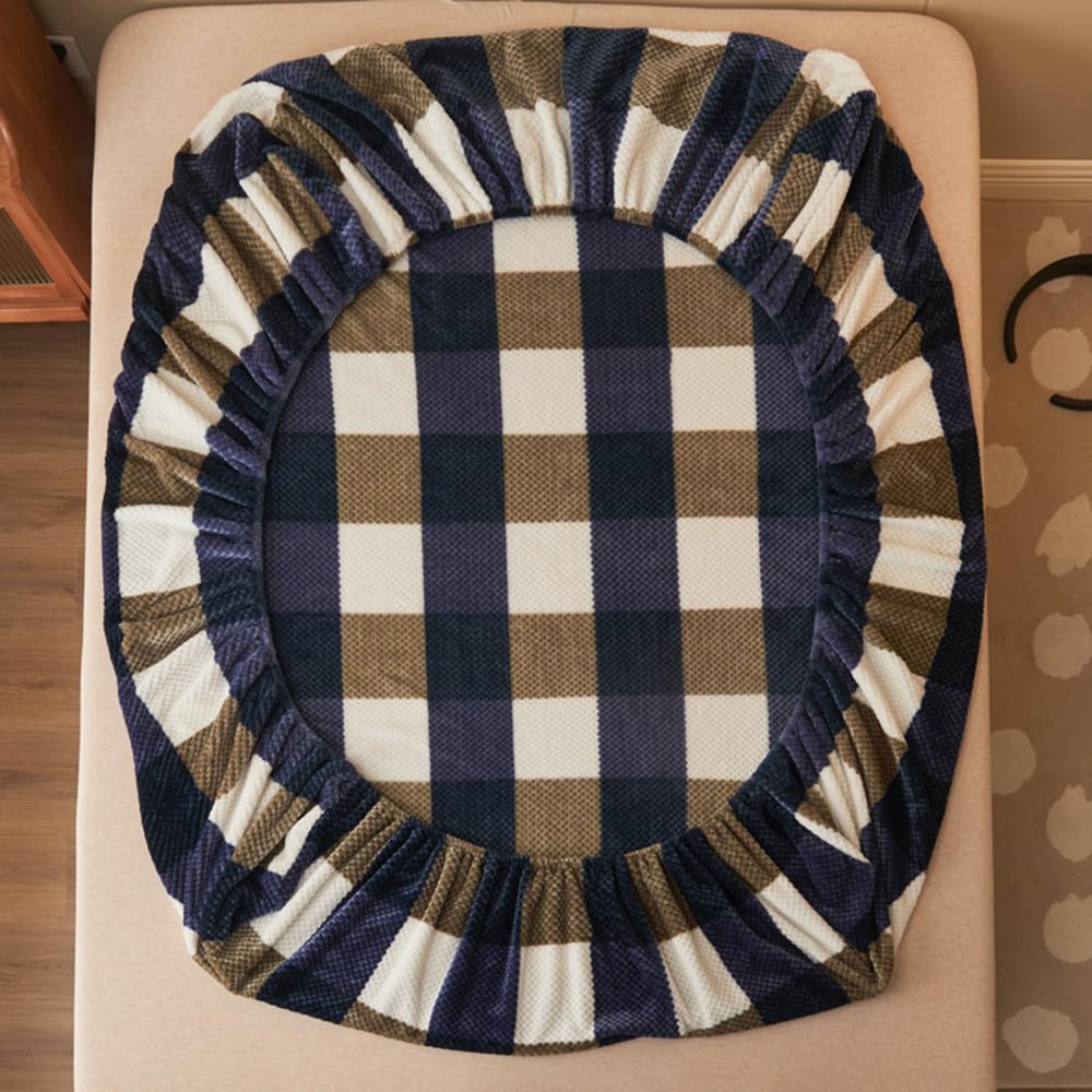Mengersi Juego de sábanas de felpa de terciopelo, juego de sábanas simples con estampado de vellón a cuadros, acogedoras y cálidas (Queen, azul)