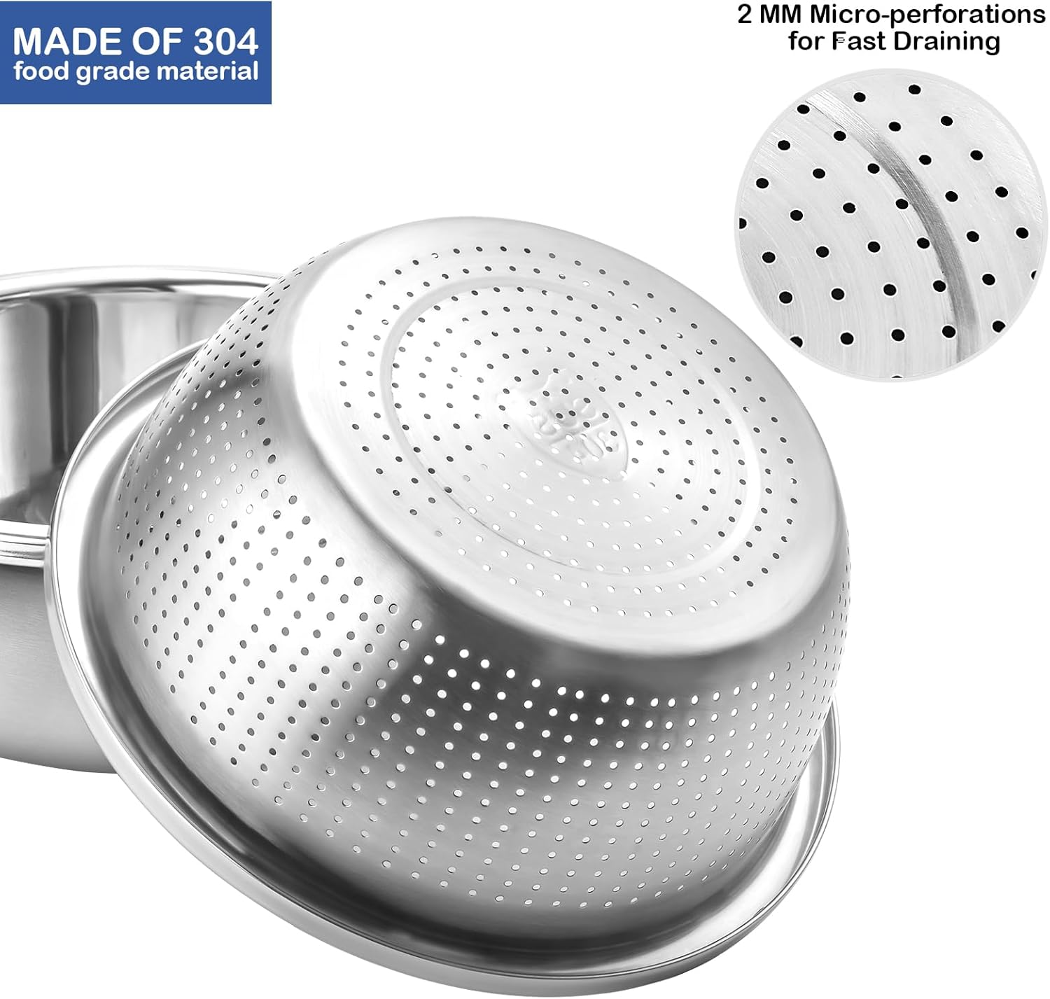 Colador de acero inoxidable 304, colador de arroz de 5 cuartos extragrande con tazones para mezclar, coladores y coladores para cocina para escurrir