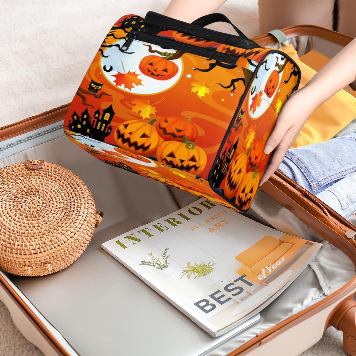 Bolsa de aseo para fiesta de Halloween, decoración moderna para mujer, organizador de maquillaje de viaje con gancho para colgar, bolsas de
