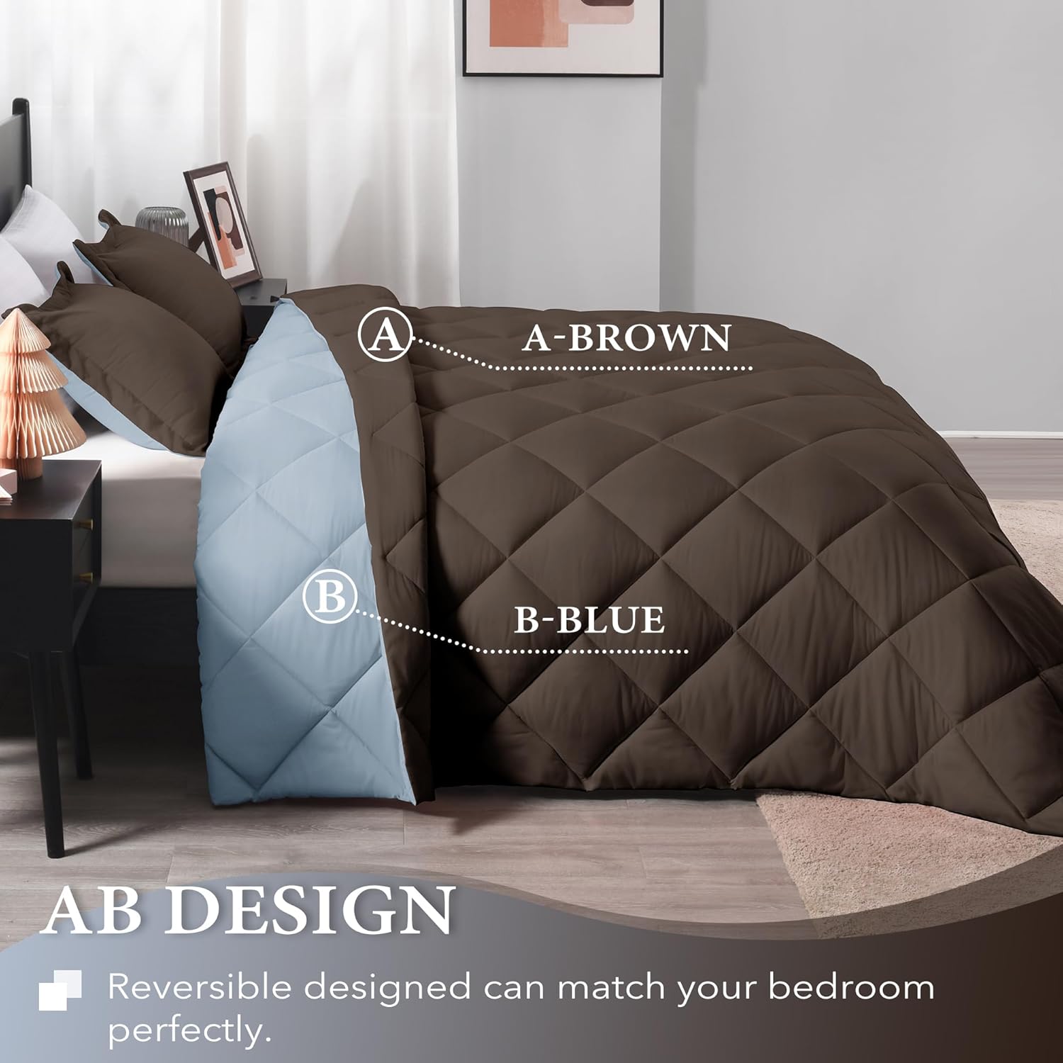 downluxe Juego de edredón tamaño individual, edredón individual marrón y azul, juegos de ropa de cama suave para todas las estaciones, 2 piezas, 1