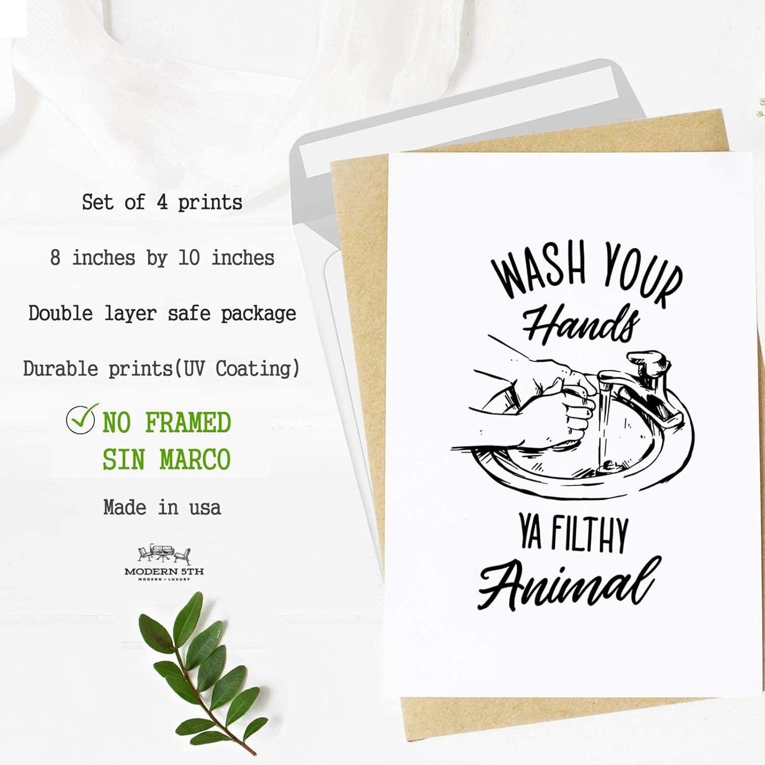 Divertidos carteles de baño (juego de 4 sin marco, 8 x 10 pulgadas), impresiones de decoración de pared de tipografía de baño, blanco y negro sin