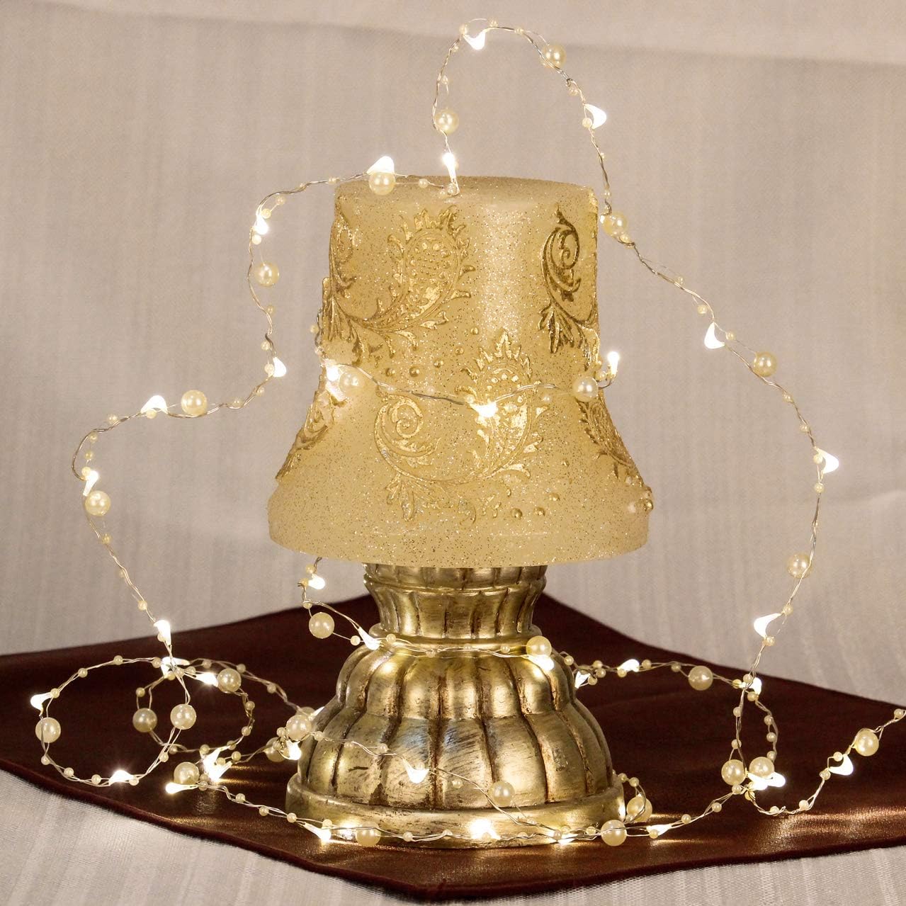 Impress Life Guirnalda de luces de perlas de océano, tejido hecho a mano, alambre de cobre de perlas sintéticas marfil, 10 pies con control remoto