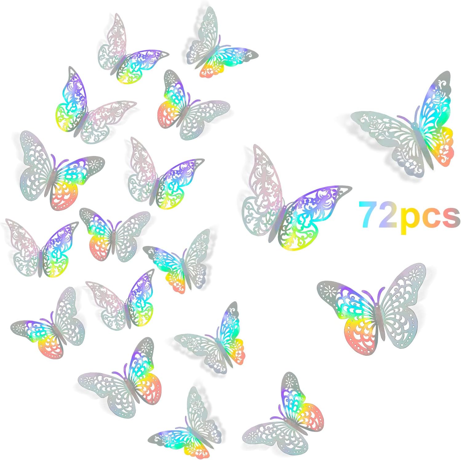 72 calcomanías 3D de mariposa para decoración de pared, 3 estilos y 3 tamaños, decoraciones de mariposa plateada para fiestas de mariposas,