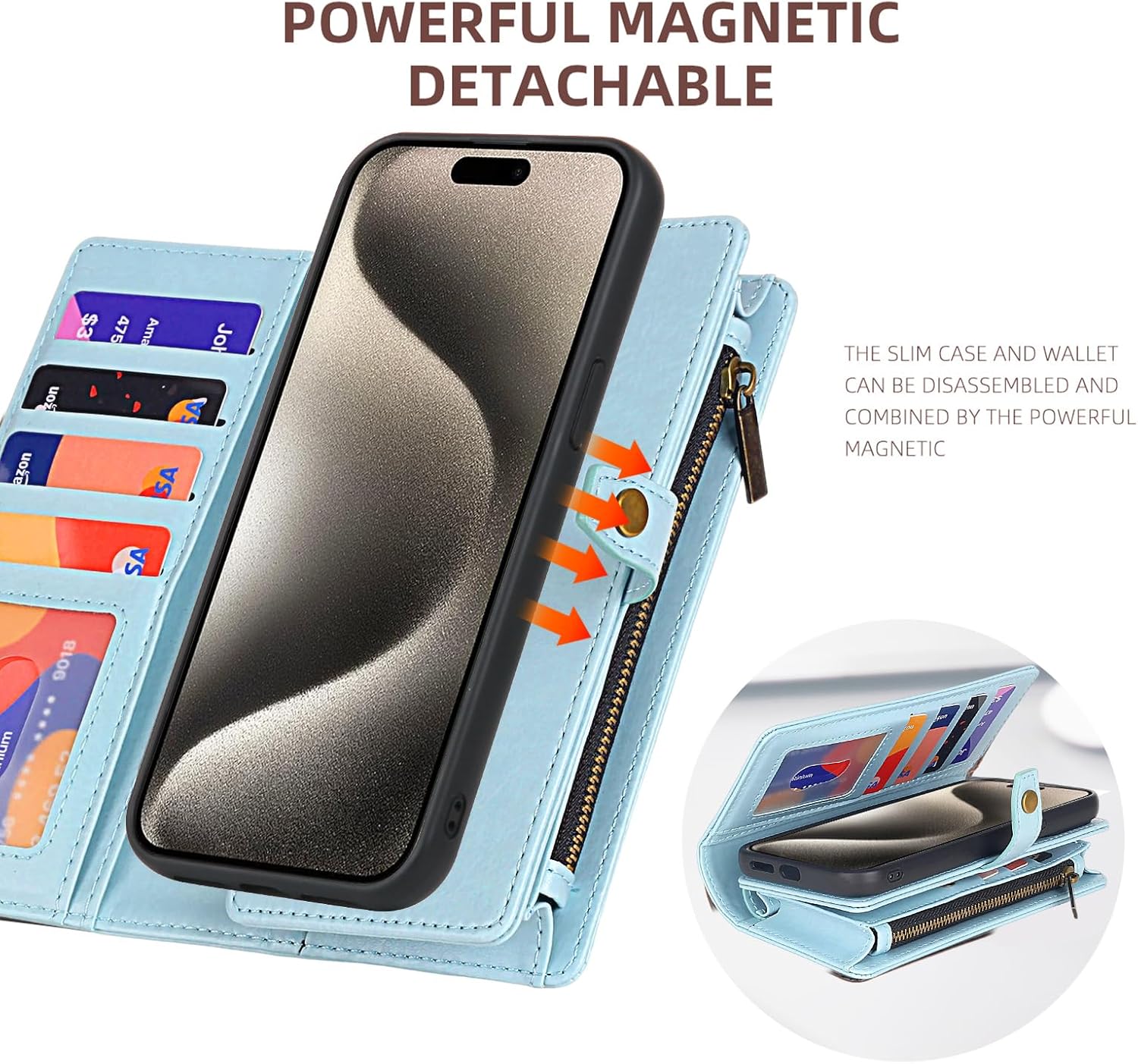 Funda tipo cartera de piel sintética para iPhone 12 Pro Max, multifuncional 2 en 1, magnética, correa de cordón, cremallera, tarjetero (azul claro)