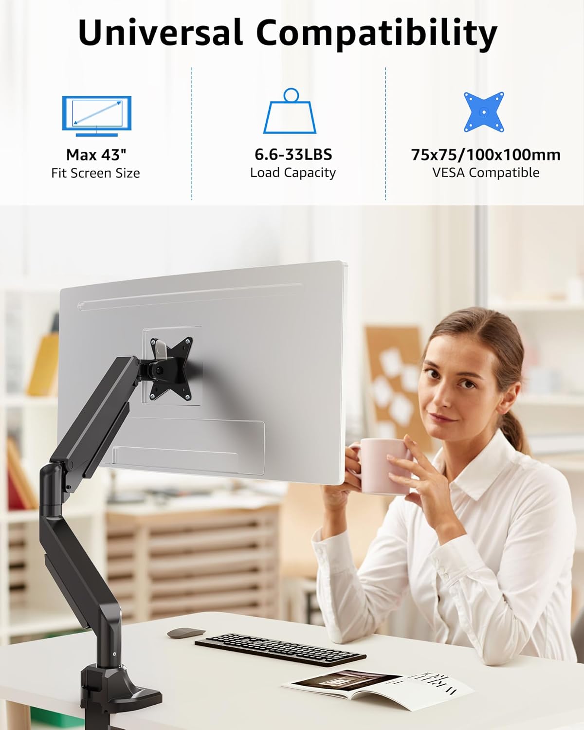 MOUNTUP Soporte de monitor único para pantalla ultraancha de 17 a 43 pulgadas, soporta 6.6-33 libras, soporte de escritorio para brazo de monitor de