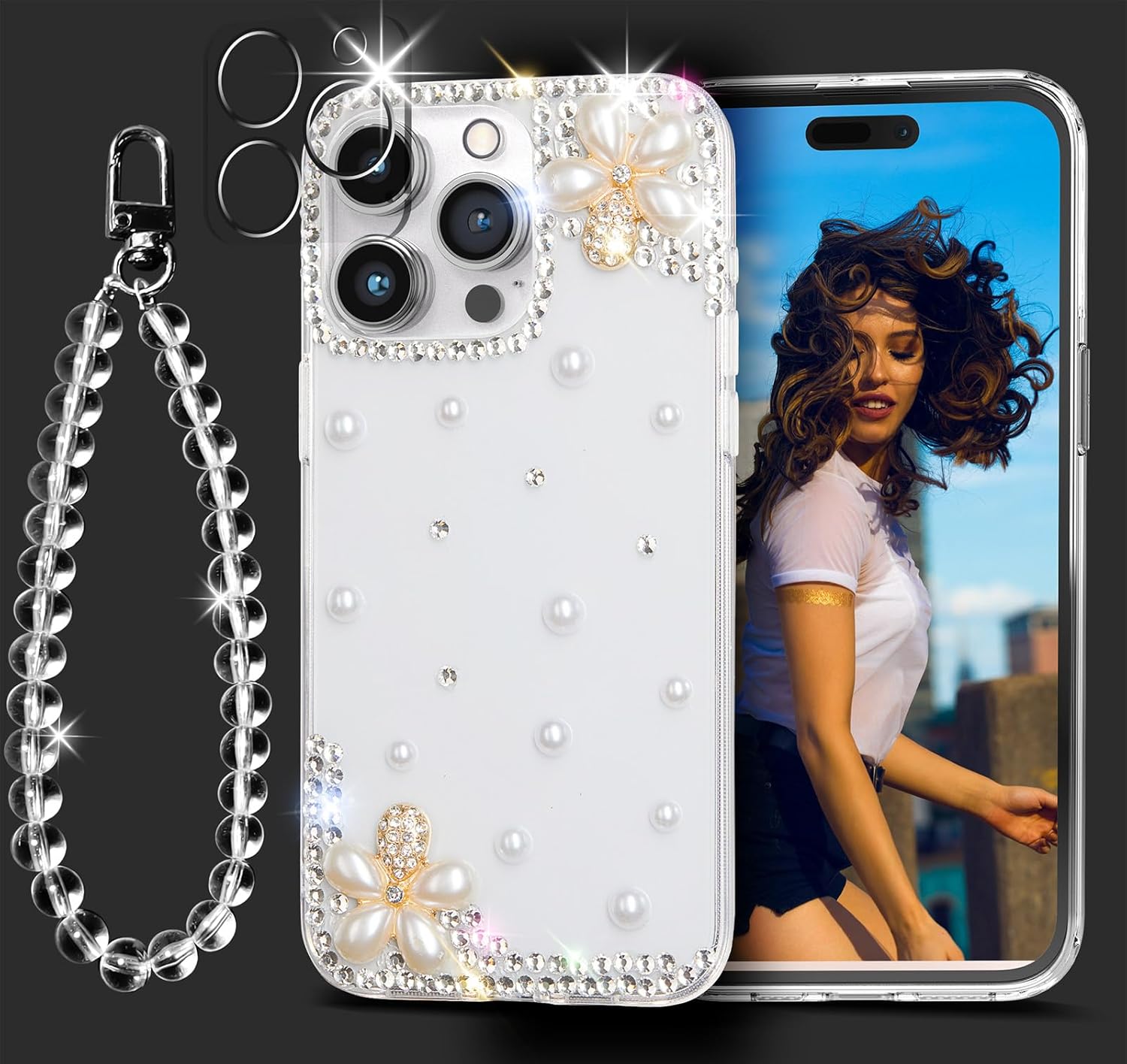 LOHASIC Funda para iPhone 15 Pro Max, diseño de flores transparentes con purpurina para niñas y mujeres, funda protectora de diamantes de cristal