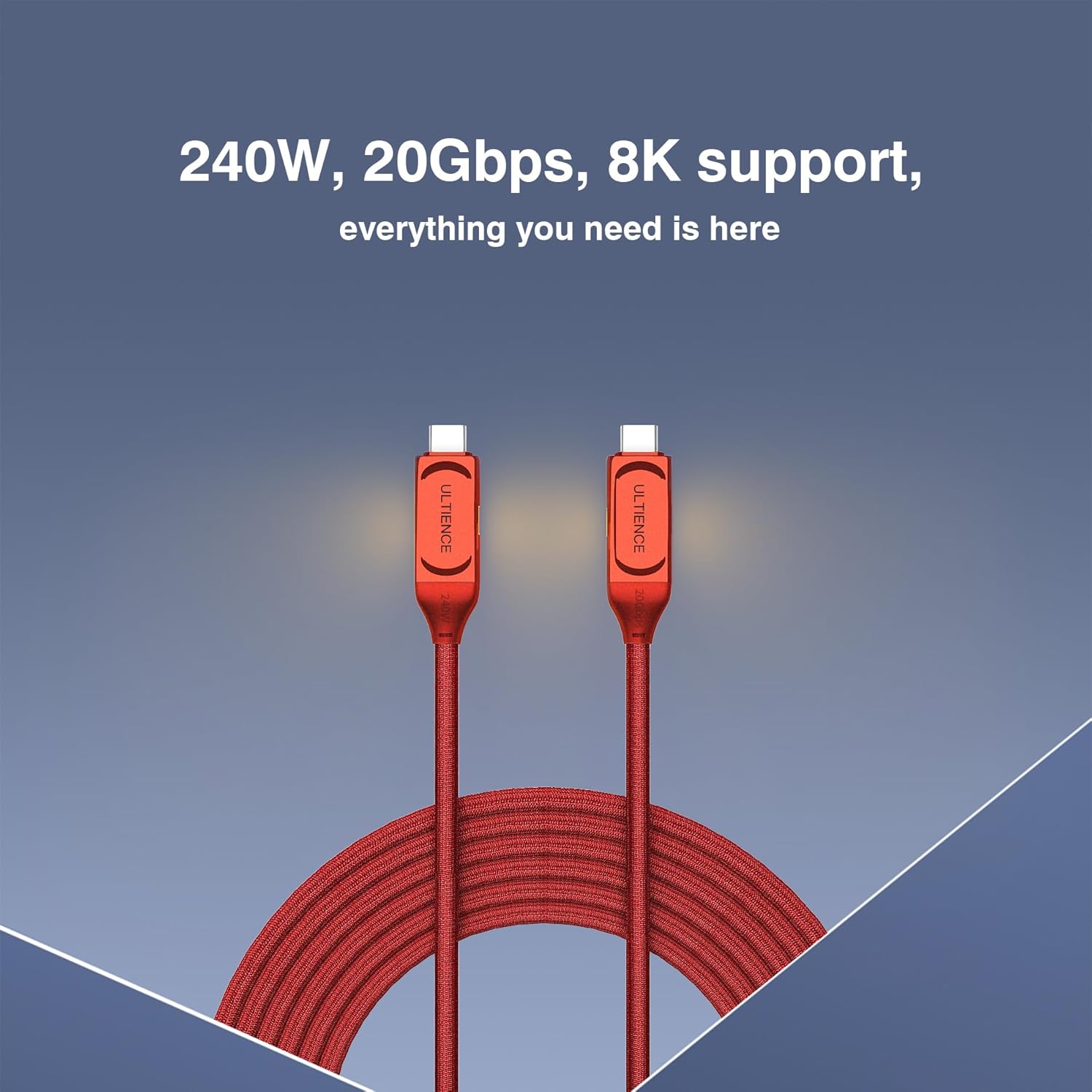 Cable USB-C a USB-C de 240 W de carga rápida, compatible con monitor Thunderbolt 3USB4PD8K, cable trenzado de 4.9 pies con indicador LED