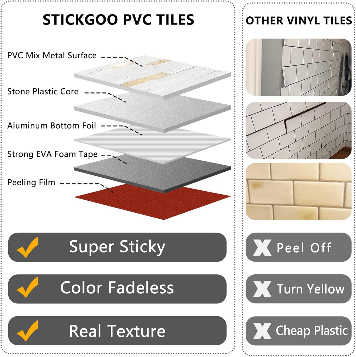 STICKGOO 20 hojas de azulejos autoadhesivos para salpicaduras para cocina y baño, aspecto de arenisca blanca, PVC, mezcla de metal dorado, azulejos