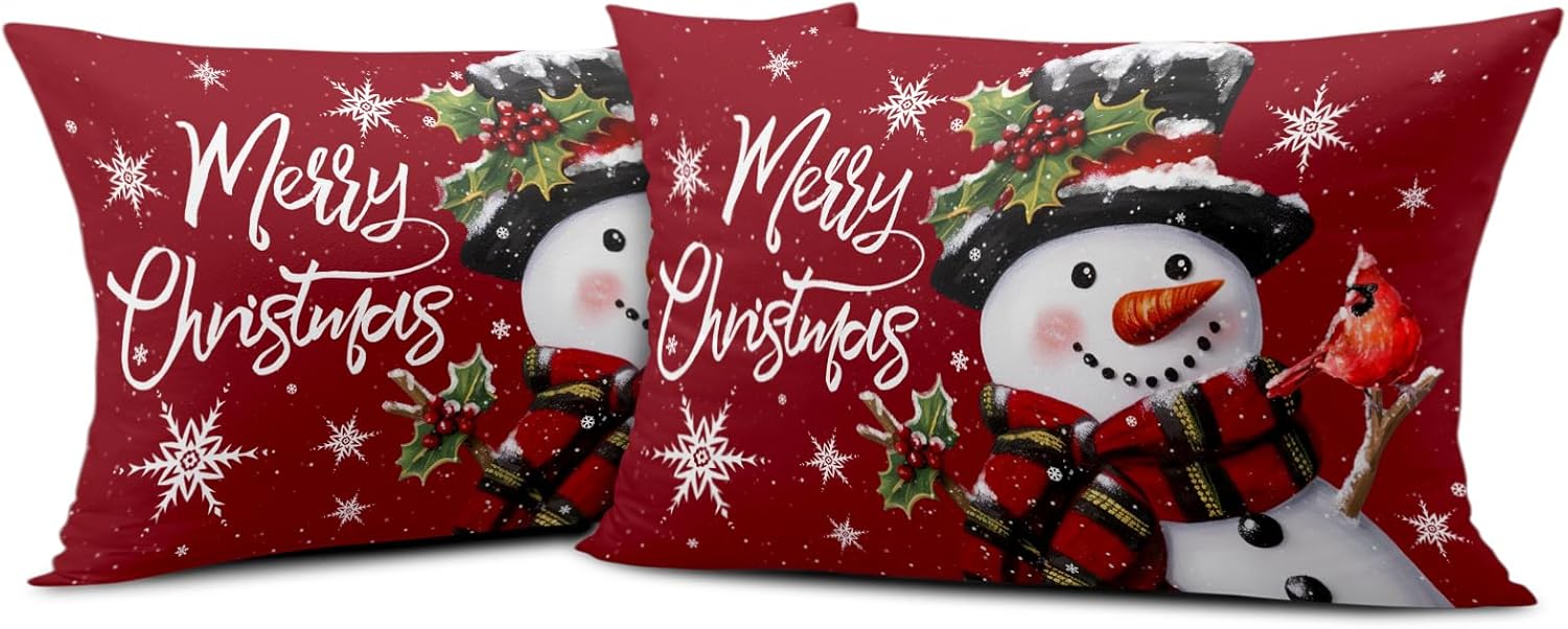 Juego de 2 fundas de almohada de Navidad con diseño de muñeco de nieve de invierno, fundas de almohada de algodón, fundas de almohada decorativas