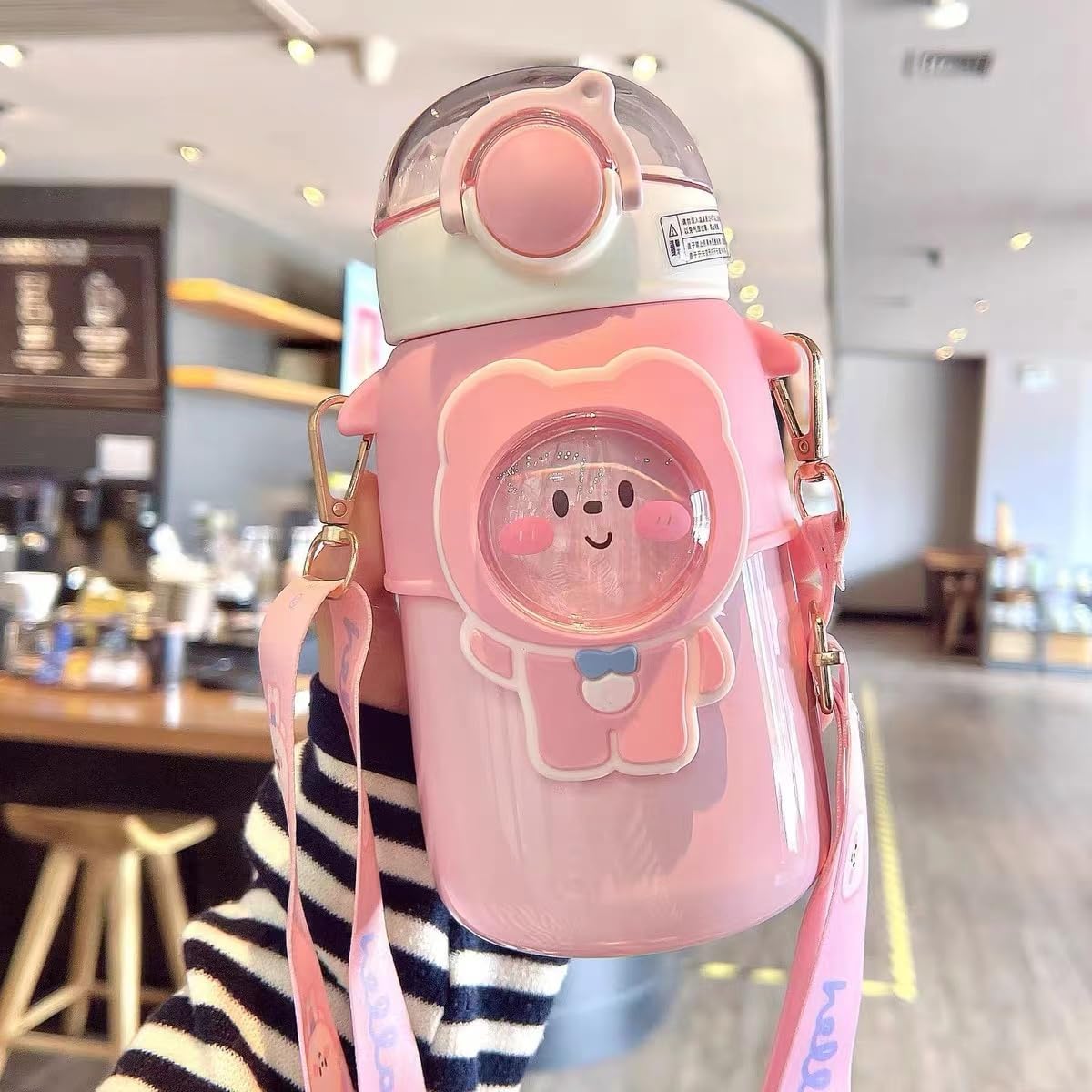 Kawaii Bear – Botella de agua con popote y correa para el hombro, a prueba de fugas, de acero inoxidable al vacío, sin BPA, lindas botellas de agua