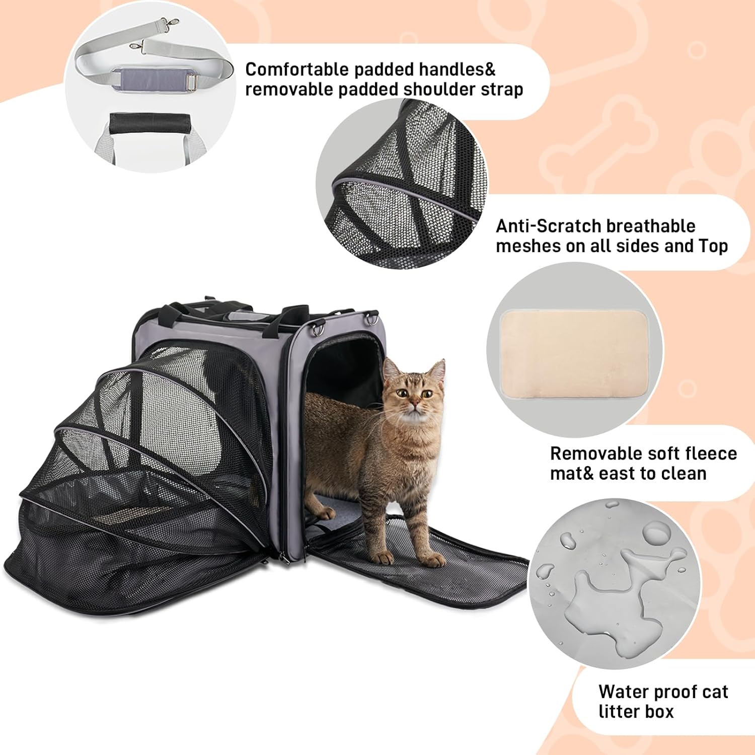 Transportador de viaje grande para gatos con caja de arena para gatos, transportador portátil expandible para gatos con caja de arena plegable a