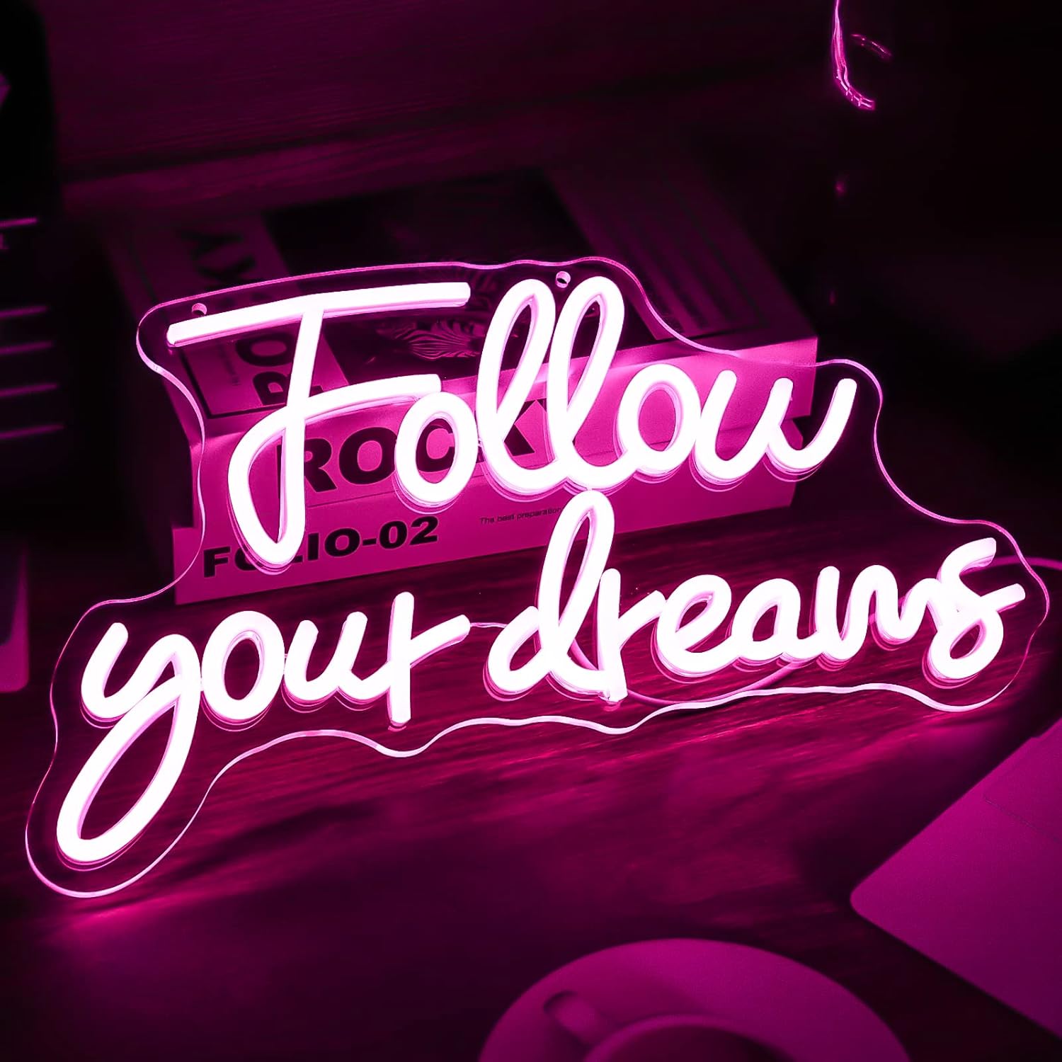 Noasktt Letrero de neón de Follow Your Dreams, luces de neón para decoración de pared, con interruptor regulable, letreros de neón LED rosa