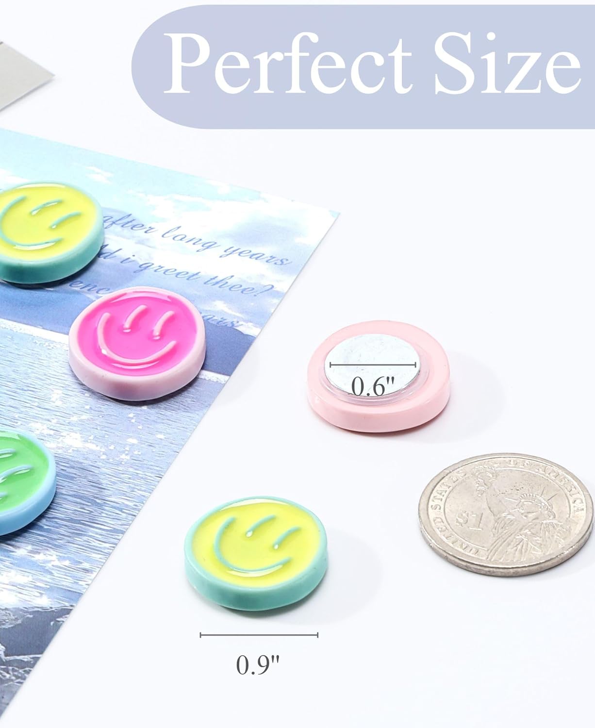 Mymazn 12 imanes de nevera, bonitos imanes para refrigerador, imanes coloridos para pizarra blanca, carita sonriente de resina, imanes decorativos