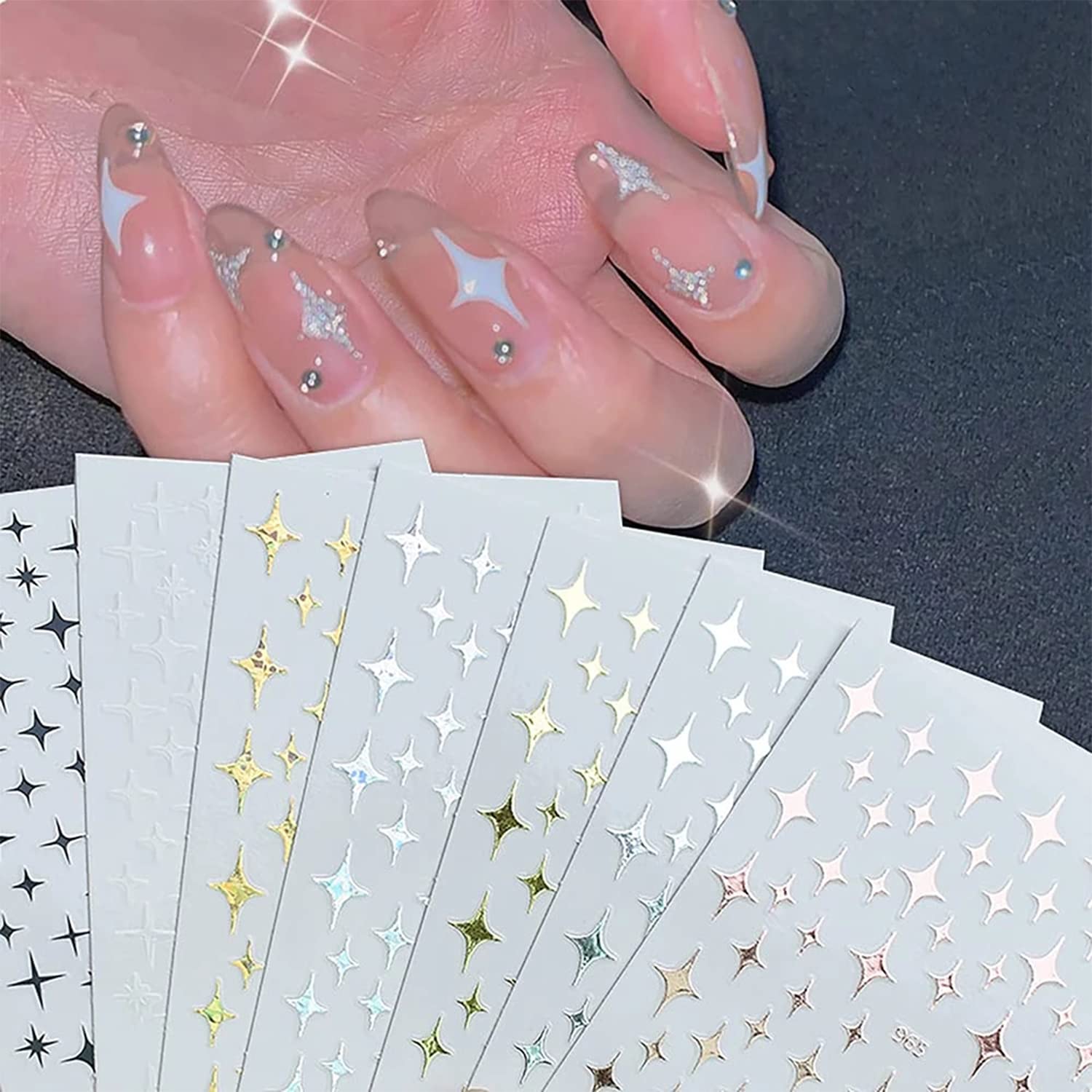7 hojas de calcomanías de arte de uñas de estrella, calcomanías de diseño autoadhesivo 3D, calcomanías de lujo para arte de uñas, suministros de