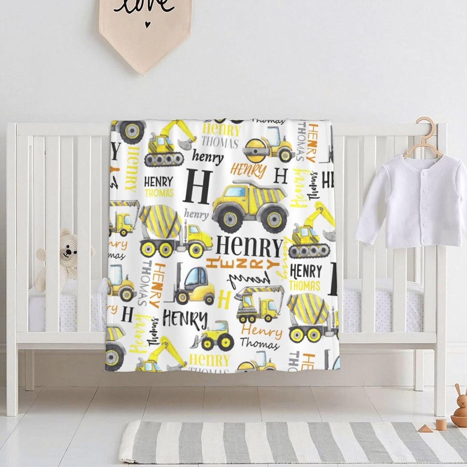 Manta de camión de construcción personalizada, manta de bebé con nombre, mantas personalizadas para bebé niño, manta de bebé para niños