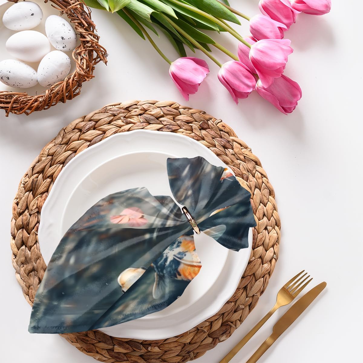 Cloth Napkins Set of 6 Japanese Koi Fish 20×20 Inch Cloth Napkins Traditional Fish Washable Reusable Kitchen Dinner Napkins Table Decor for Wedding,