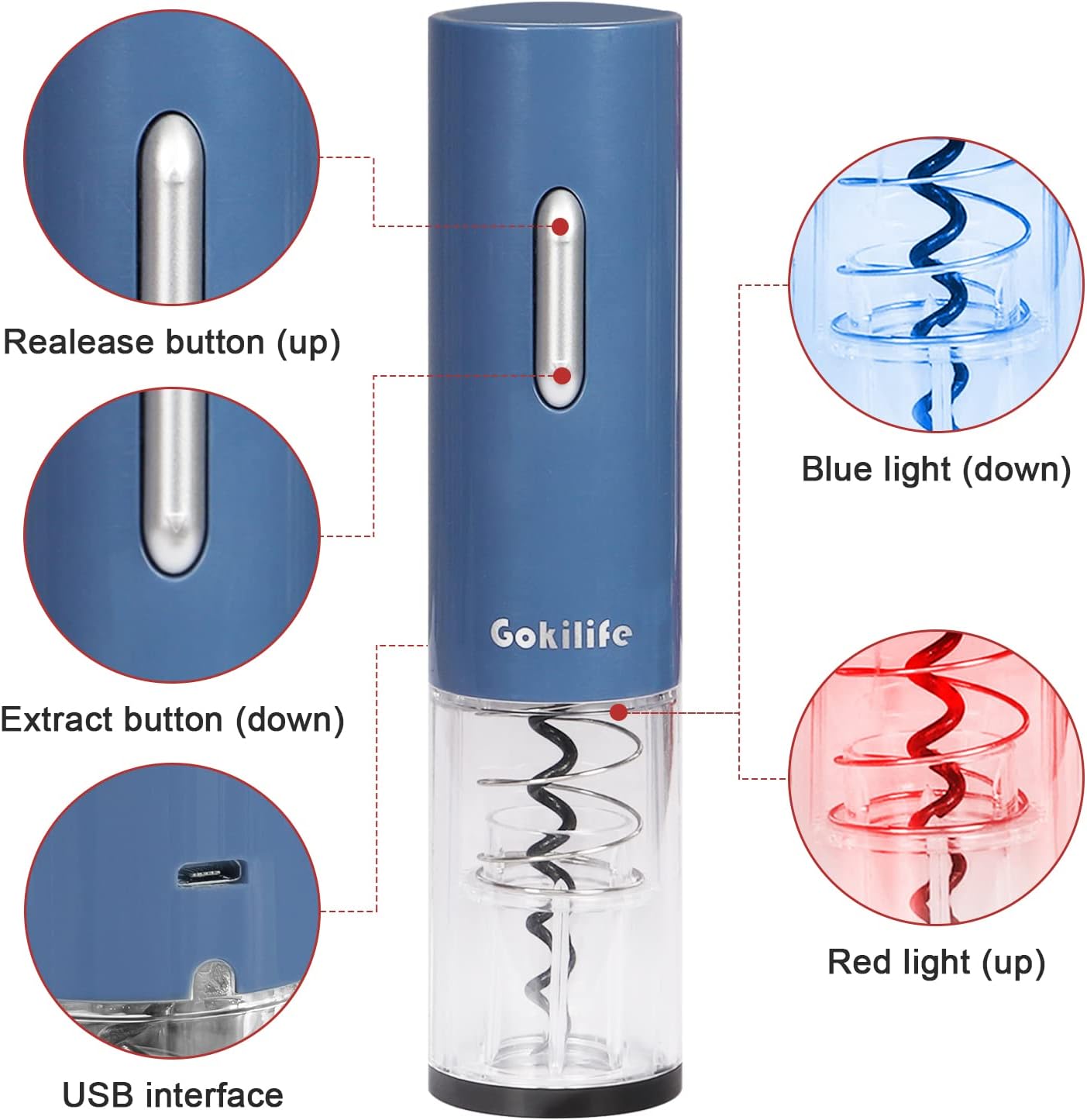 Gokilife Abridor eléctrico de vino  Abridor de sacacorchos eléctrico automático de botellas de vino con cortador de papel de aluminio, botón de un