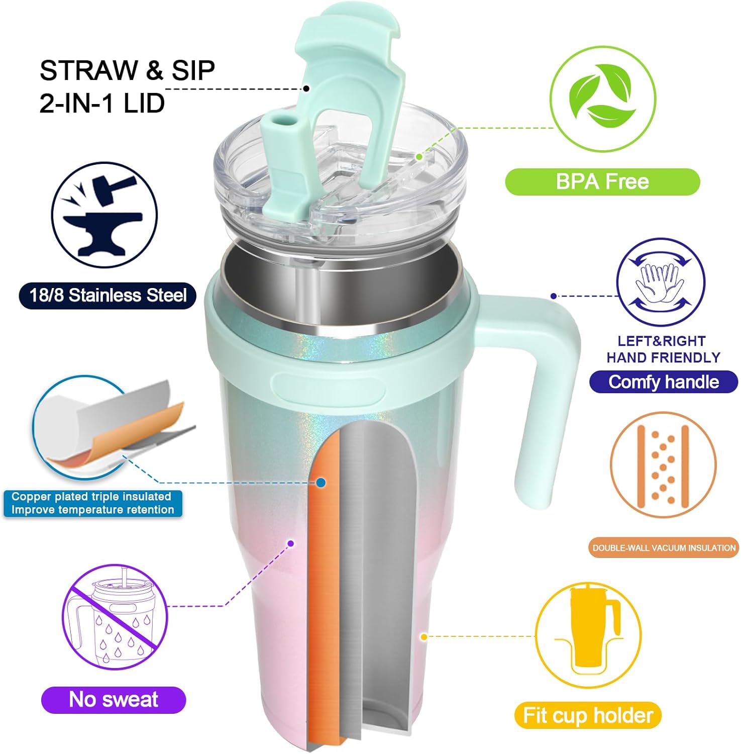 Vaso de 50 onzas con popote abatible y asa, vaso grande de acero inoxidable aislado a prueba de fugas con popote 2 en 1 y tapa para sorber, apto