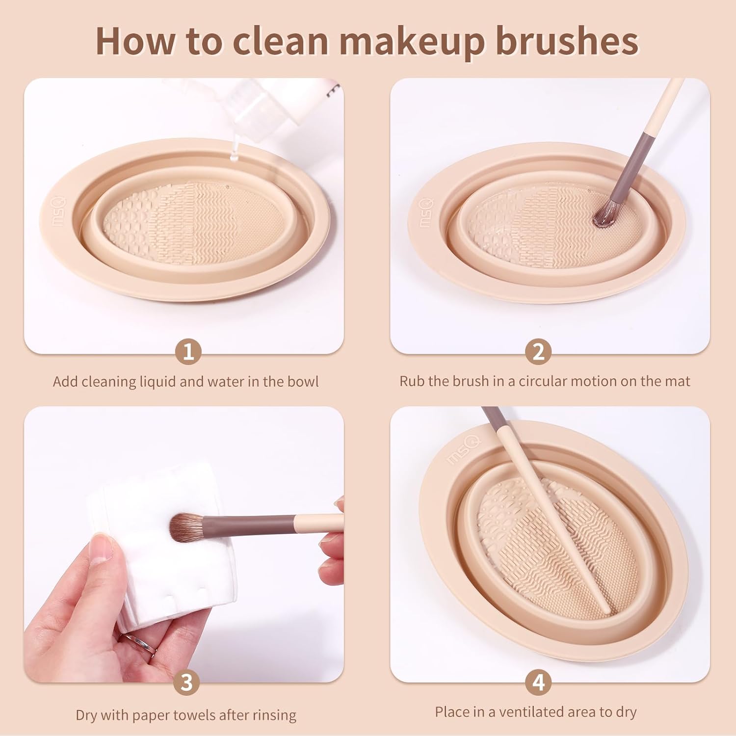 Limpiador de brochas de maquillaje de silicona plegable Tazón MSQ Cepillo de maquillaje Alfombrilla de limpieza portátil para cepillos, soplos de