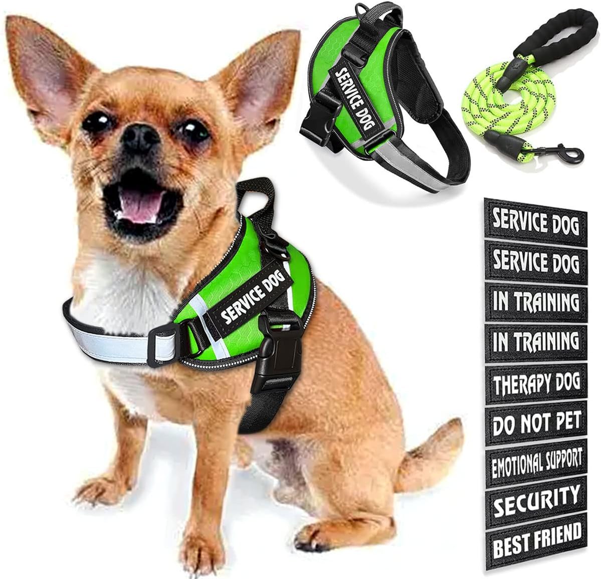 Chaleco de servicio para perro, 9 parches para perros, arnés y correa para perro con asa, arnés de chaleco para mascotas fácil de poner y quitar con