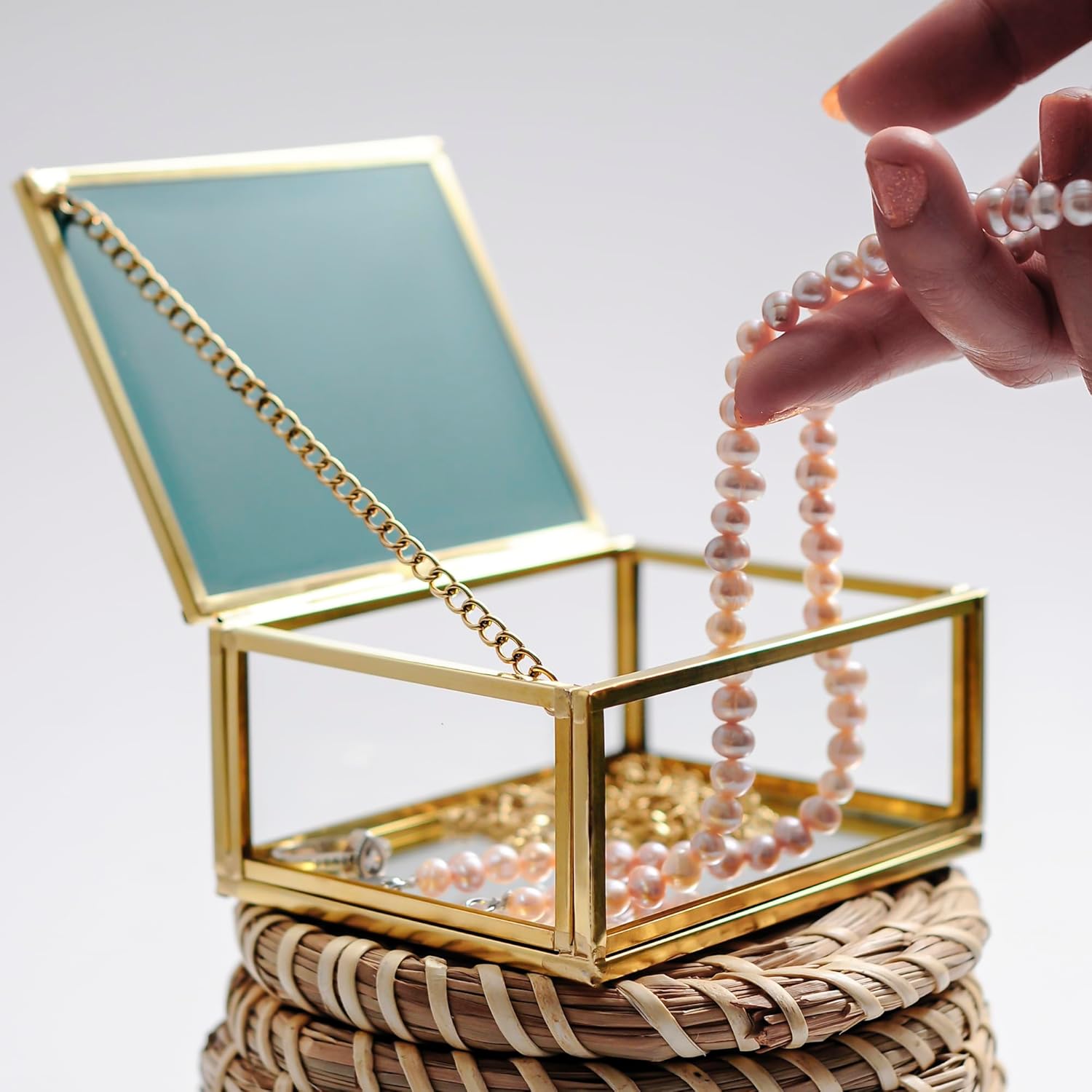 4x3x1.5″ Brass Glass jewelry Ring Box Wedding Mirrored Based